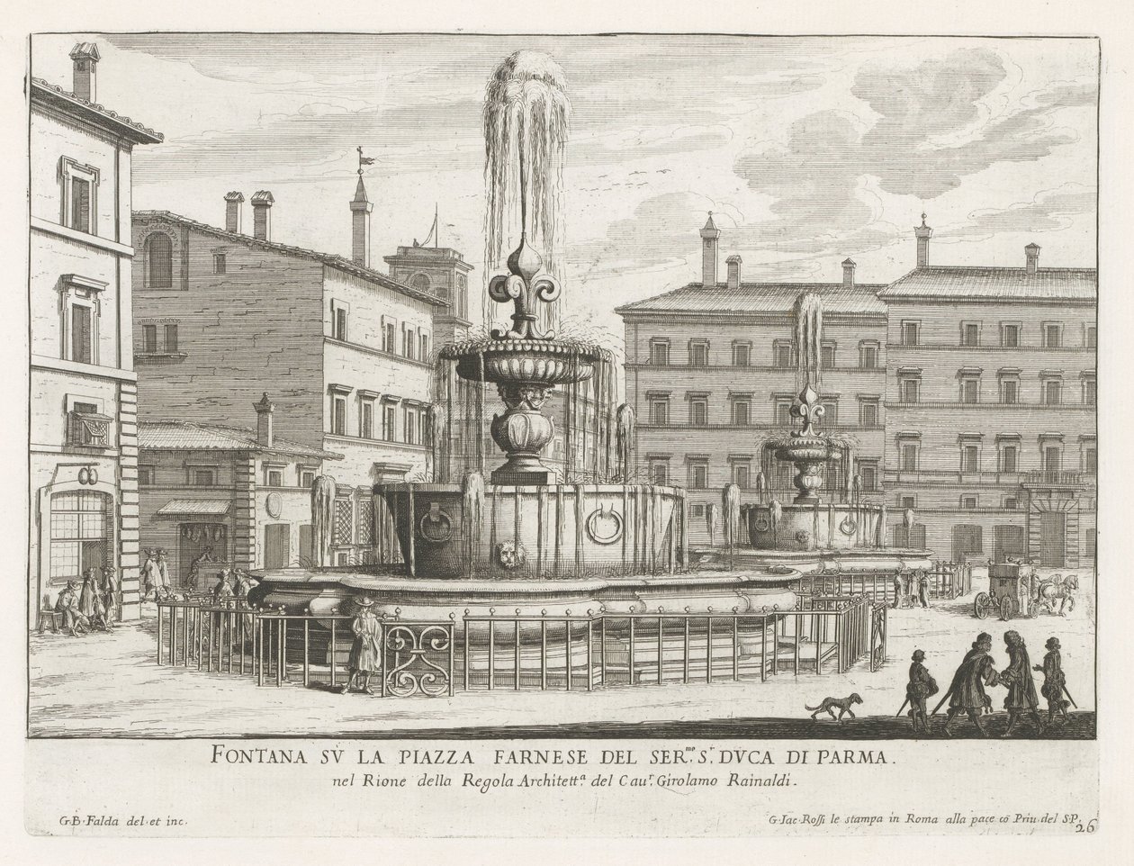 Fonteinen på Piazza Farnese te Rom Springvand på Piazza Farnese af ser.mo s.r Duca di Parma (titel på objekt) Fountains of Rome (serietitel) Fonteinen van Rome (serietitel) af Giovanni Battista Falda