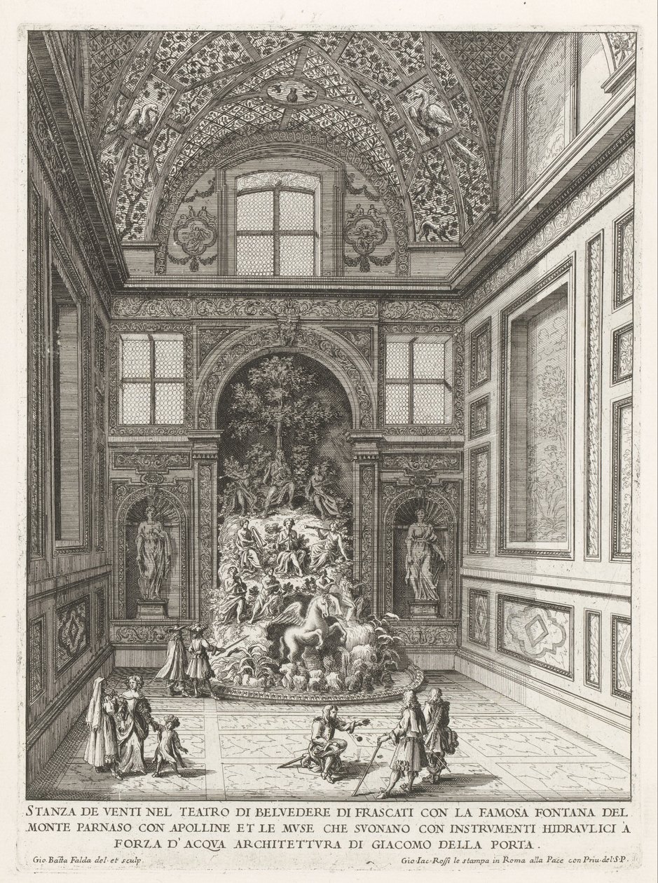 Vindenes værelse i de tuinen af ​​Villa Aldobrandini te Frascati Værelse til tyve i Belvedere Theatre i Frascati (...) (titel på objekt) Frascati-villaernes springvand (serietitel) Fonteinen van Frascati (serietitel) af Giovanni Battista Falda