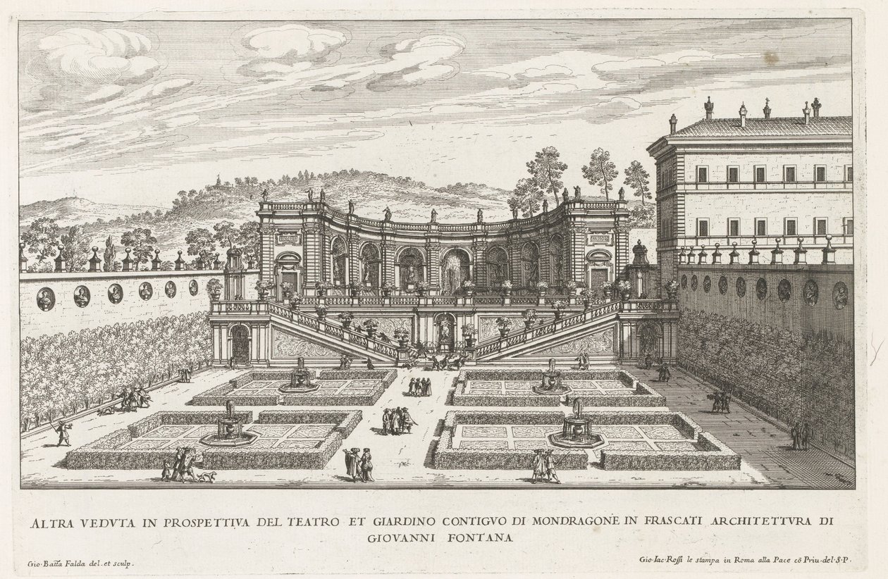 Tuinen van de Villa Mondragone te Frascati Endnu et perspektivbillede af teatret og den tilstødende have (...) (titel på objektet) Frascati-villaernes springvand (serietitel) Fonteinen van Frascati (serietitel) af Giovanni Battista Falda