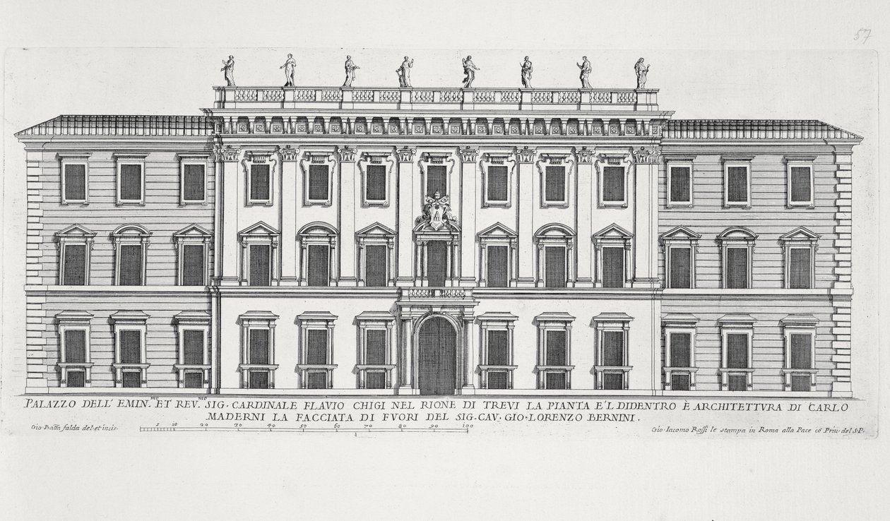 Udsigt over facaden på Palazzo Chigi, Rom designet af Matteo di Castello, Carlo Maderno (1556-1629) og Giovanni Bernini (1598-1680) af Giovanni Battista Falda