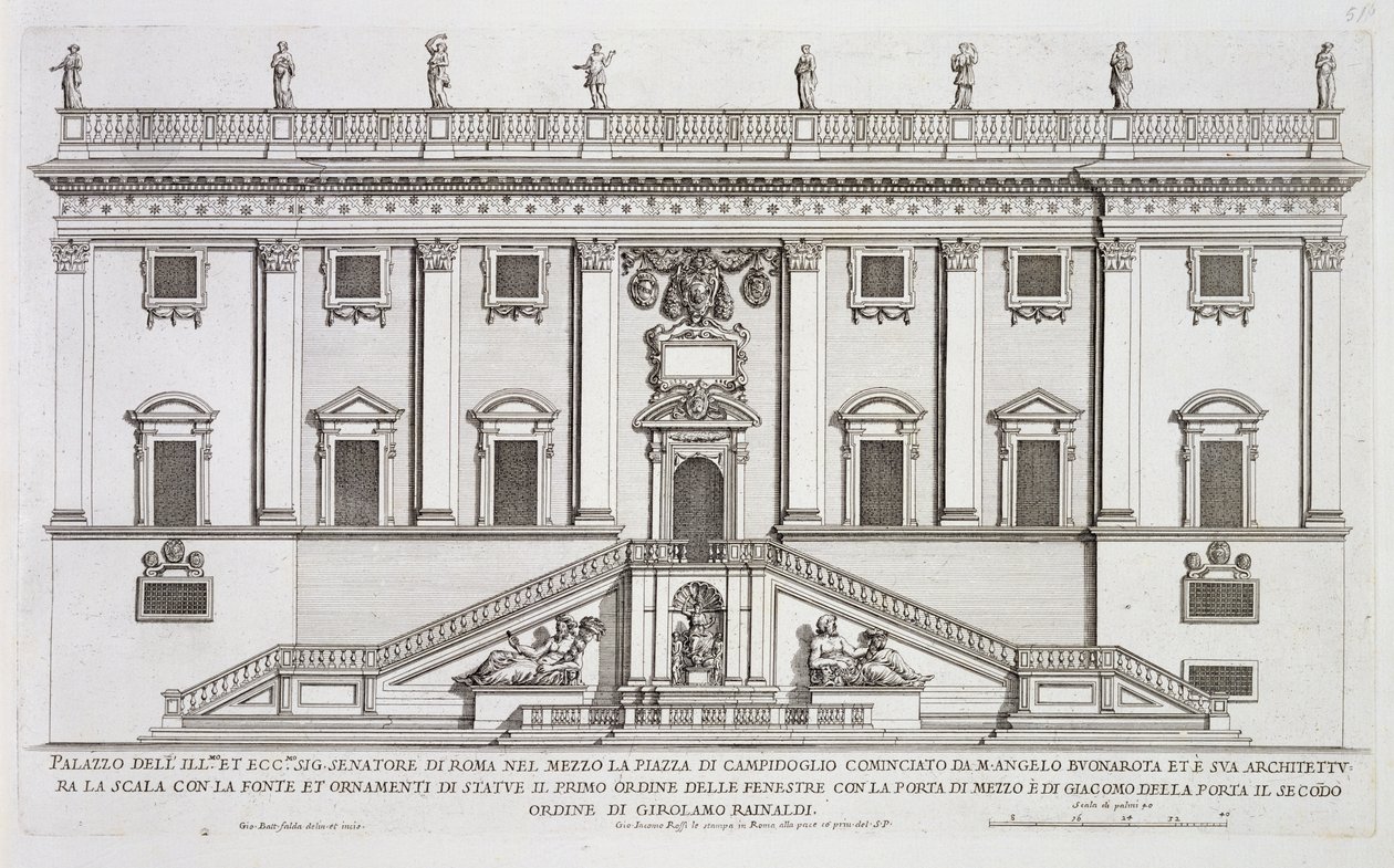 Udsigt over facaden af Palazzo Senatorio på Piazza del Campidoglio, Rom, påbegyndt af Michelangelo Buonarroti (1475-1564) og fuldført af Girolamo Rainaldi (1570-1655) af Giovanni Battista Falda