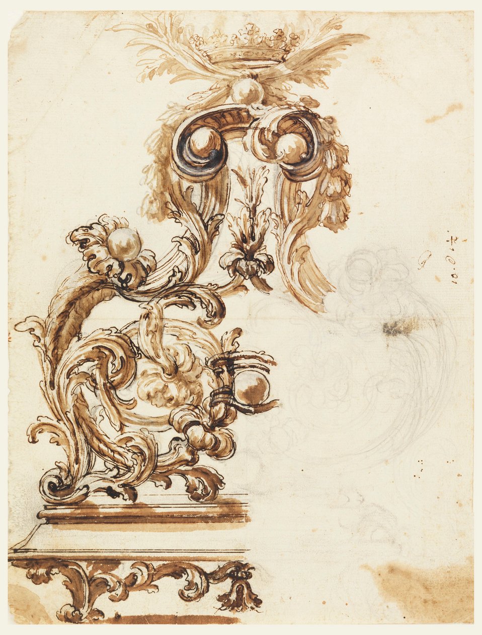 Tegning, design til et ornament i forgyldt bronze, 1680-1700 af Giovanni Battista Foggini