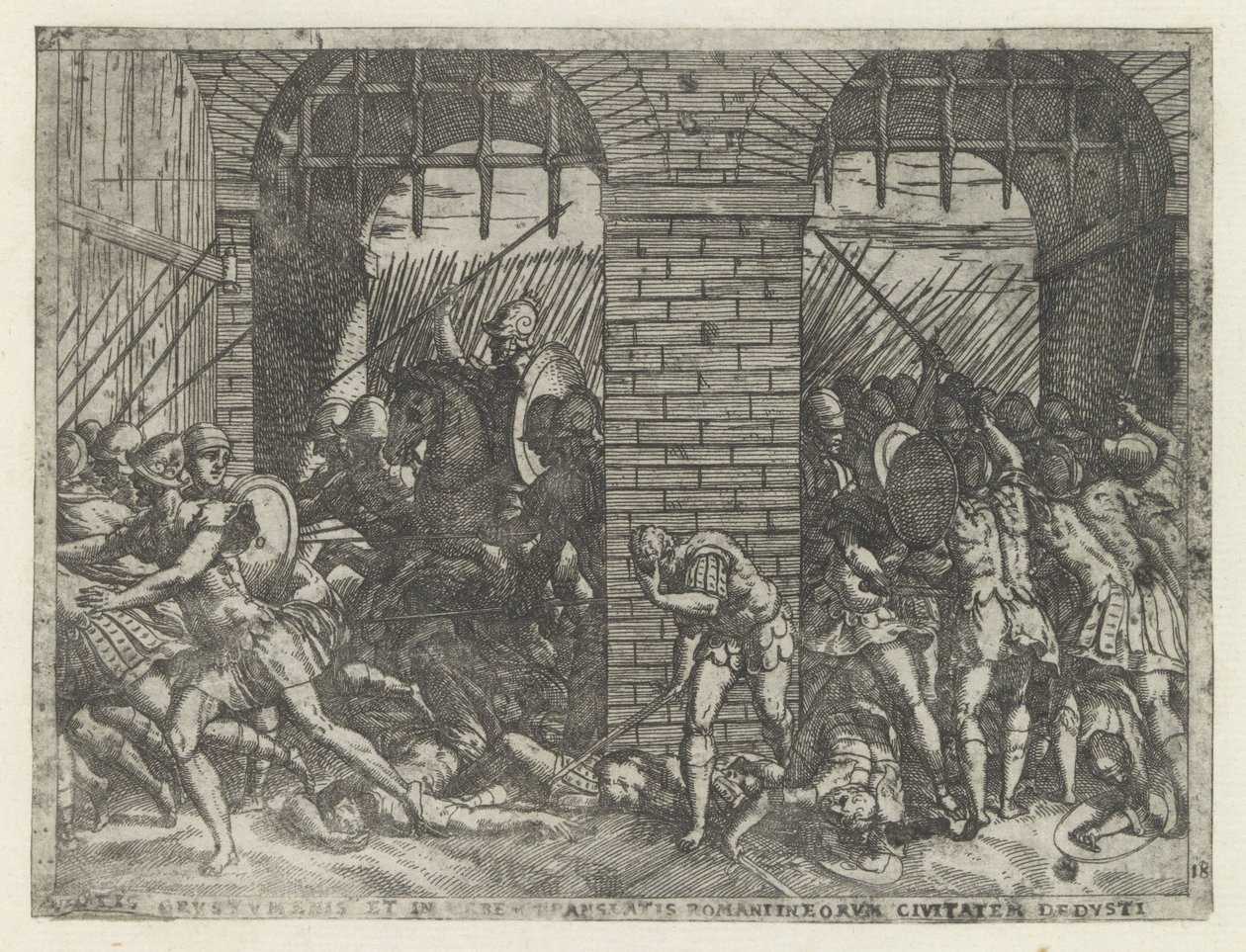 Romeinse soldaten vallen Crustumerium binnen Offeret for Crustumeni (...) frataget sit statsborgerskab (titel på objektet) Leven van Romulus en Remus (serietitel) af Giovanni Battista Fontana