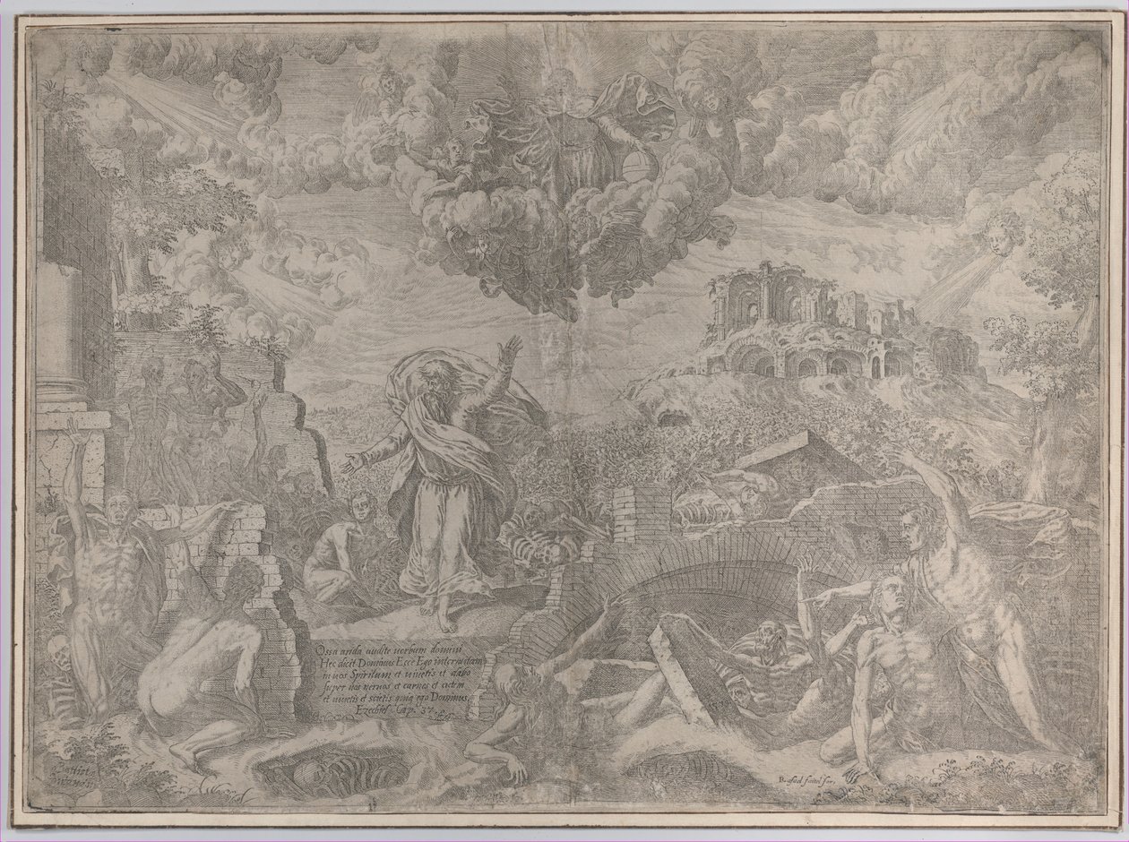 Synet af Ezekiel, med de døde opstandende og iført deres kød, Gud Faderen abo..., 1579. af Giovanni Battista Fontana