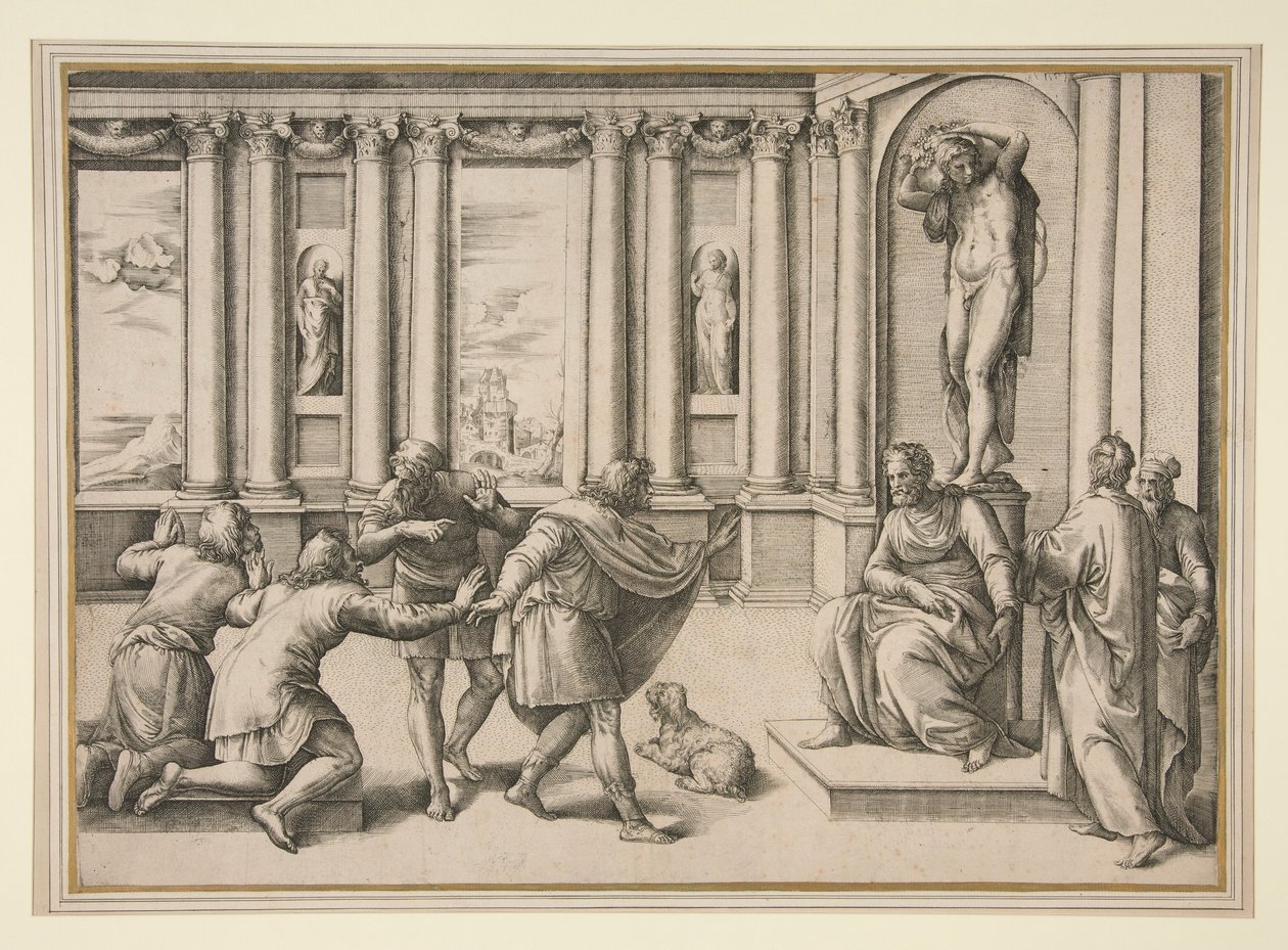 Mand siddende under en statue af Bacchus og modtager et publikum af Giovanni Battista Franco (called Il Semolei)