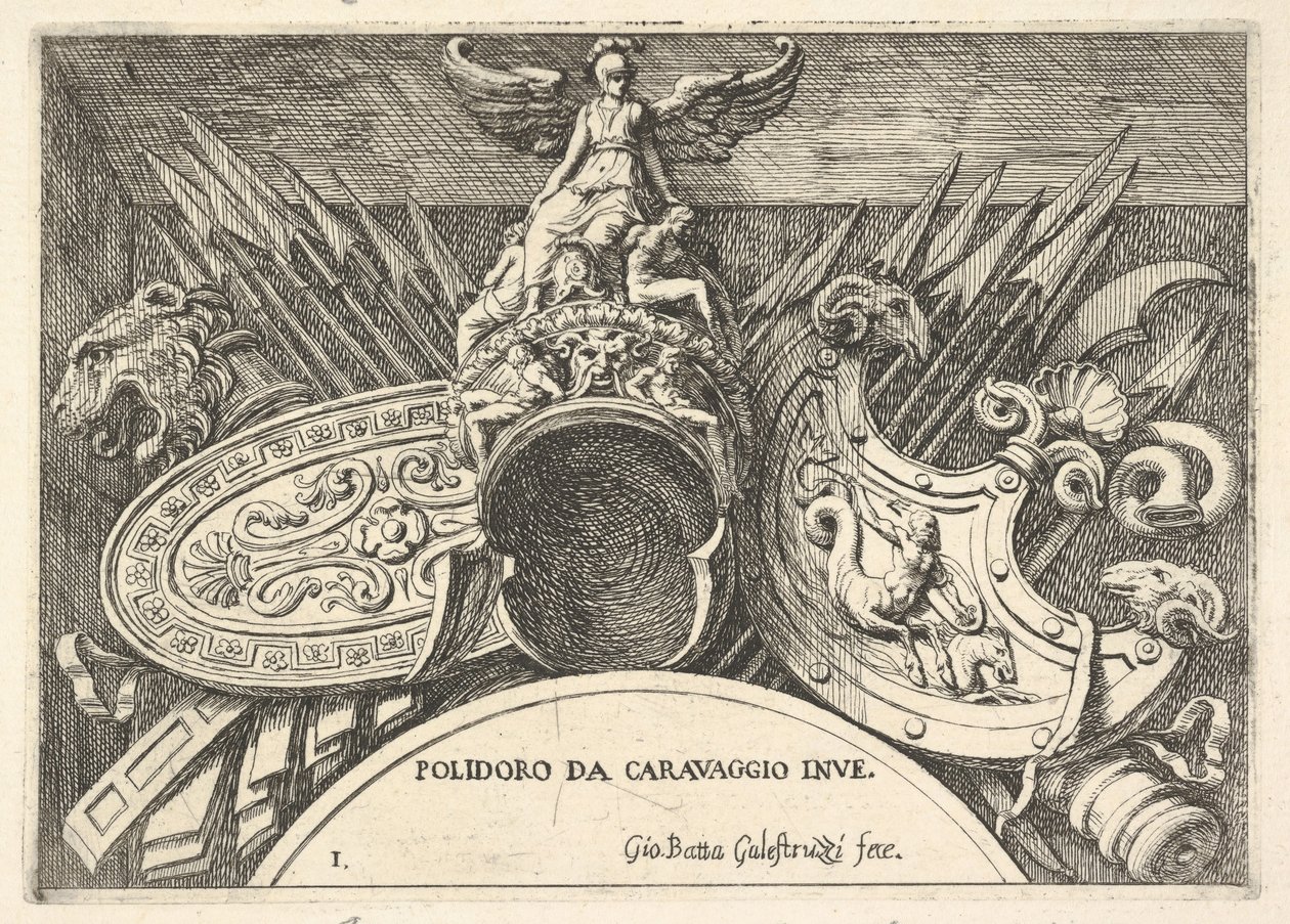 Plade 1: trofæer af romerske våben fra dekorationer over vinduerne på anden sal ..., 1656-58. af Giovanni Battista Galestruzzi