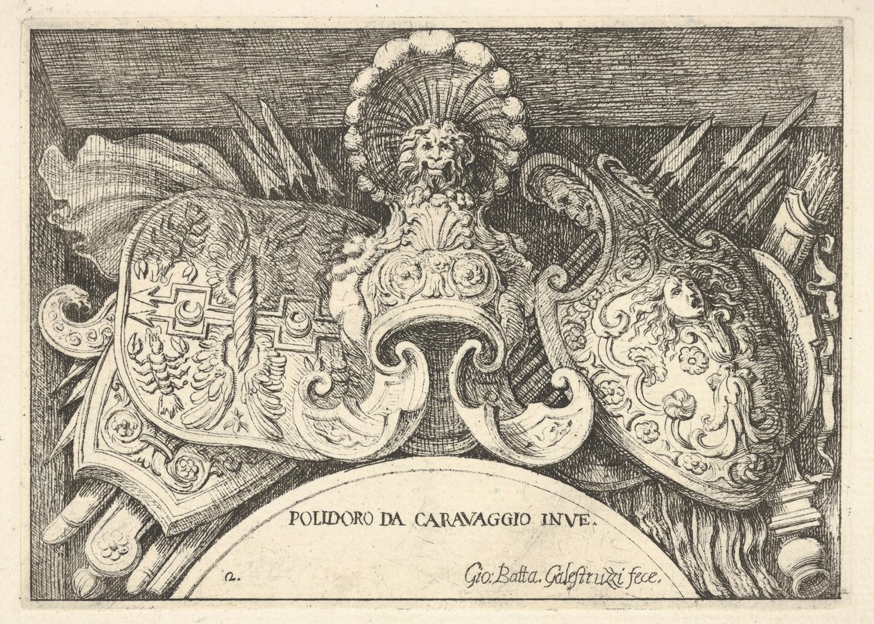 Plade 2: trofæer af romerske våben fra dekorationer over vinduerne på anden sal ..., 1656-58. af Giovanni Battista Galestruzzi