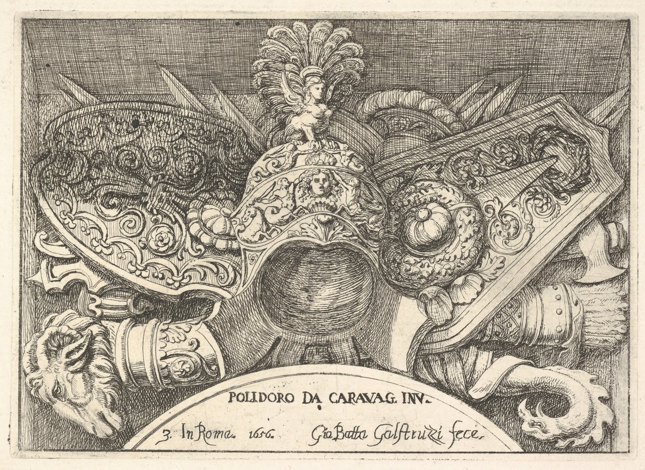 Plade 3: trofæer af romerske våben fra dekorationer over vinduerne på anden sal i ..., 1656. af Giovanni Battista Galestruzzi