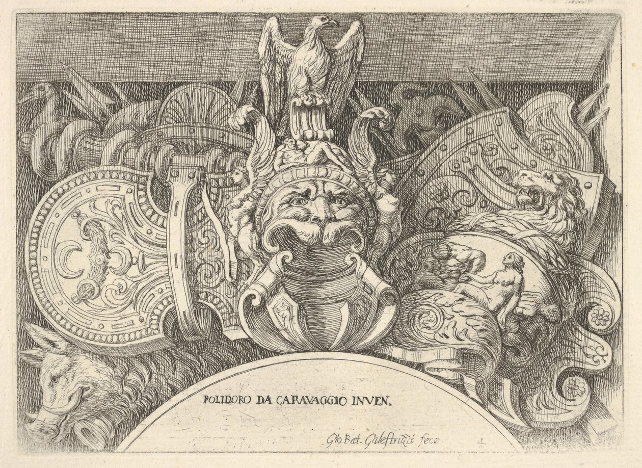 Plade 4: trofæer af romerske våben fra dekorationer over vinduerne på anden sal ..., 1656-58. af Giovanni Battista Galestruzzi