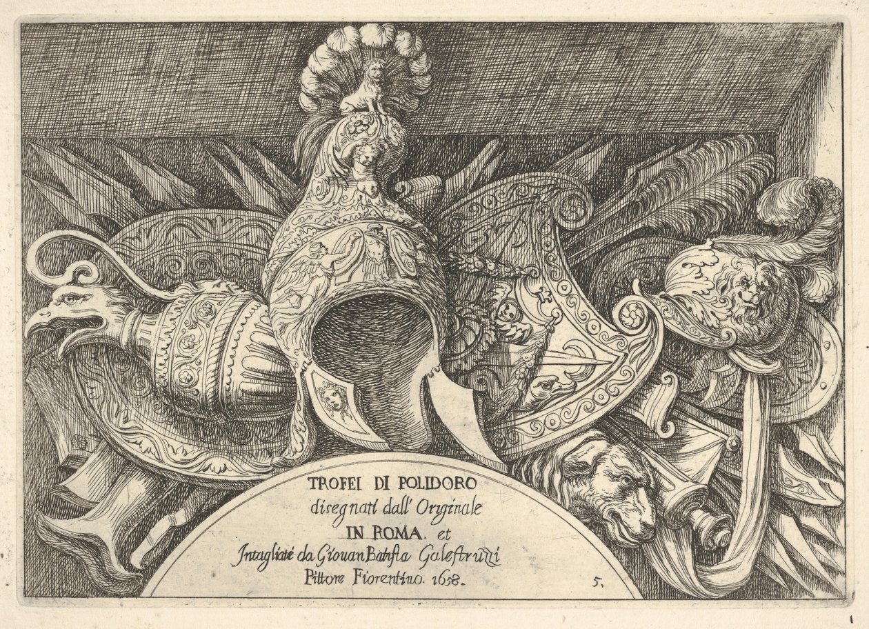 Plade 5: trofæer af romerske våben fra dekorationer over vinduerne på anden sal i ..., 1658. af Giovanni Battista Galestruzzi