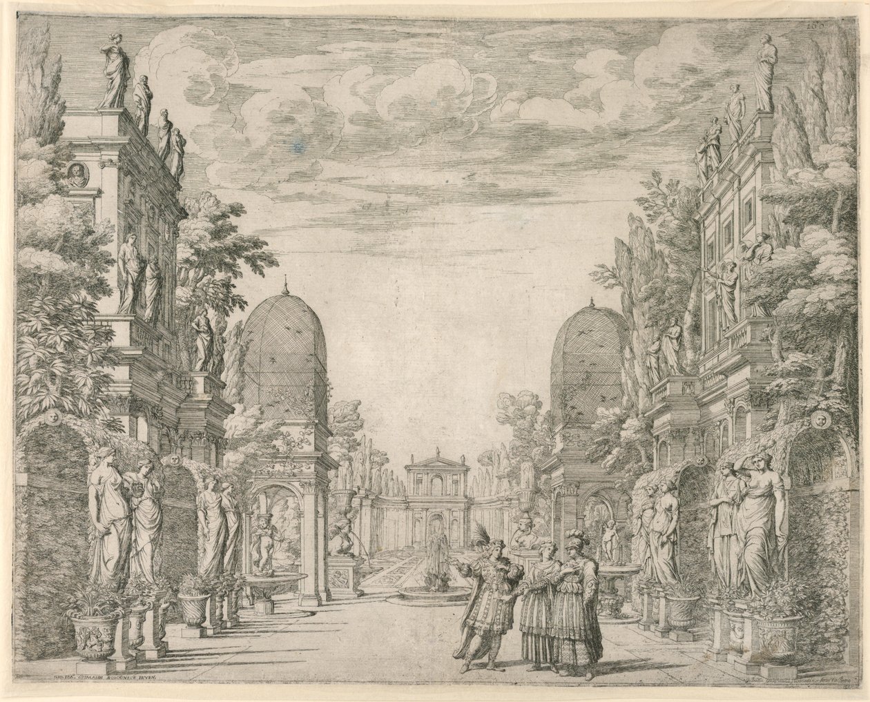 Scenografi til scene 3, "La Vita Humana overo," fra "The Triumph of the Pieta" af Giovanni Battista Galestruzzi