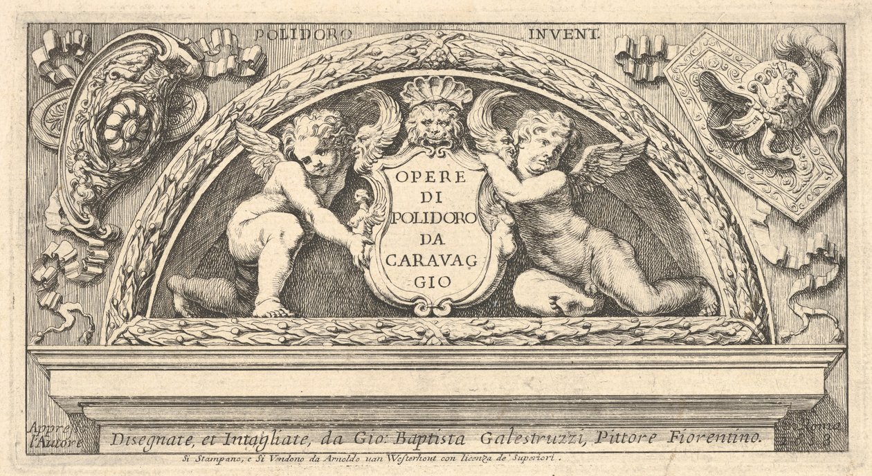 Titelplade til serie af tryk efter Poloidoro, titel på et skjold understøttet af to putti, 1658. af Giovanni Battista Galestruzzi
