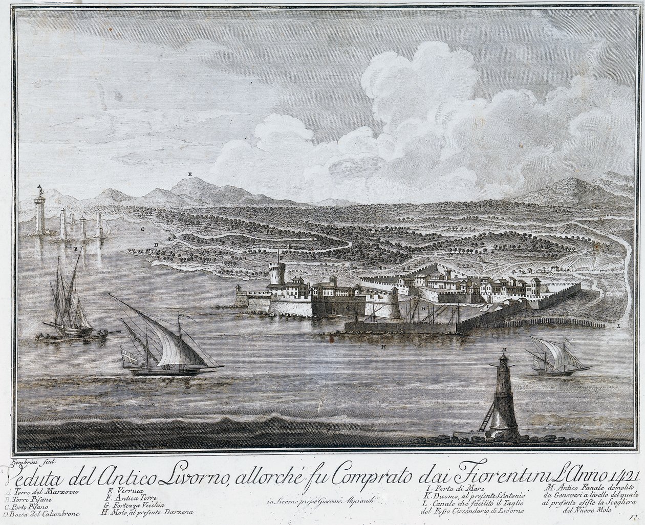 Udsigt over Livornos havn, da den blev købt af florentinerne i 1421, gravering fra samlingen af de bedste udsigter over byen og havnen i Livorno af Giovanni Battista Guerazzi