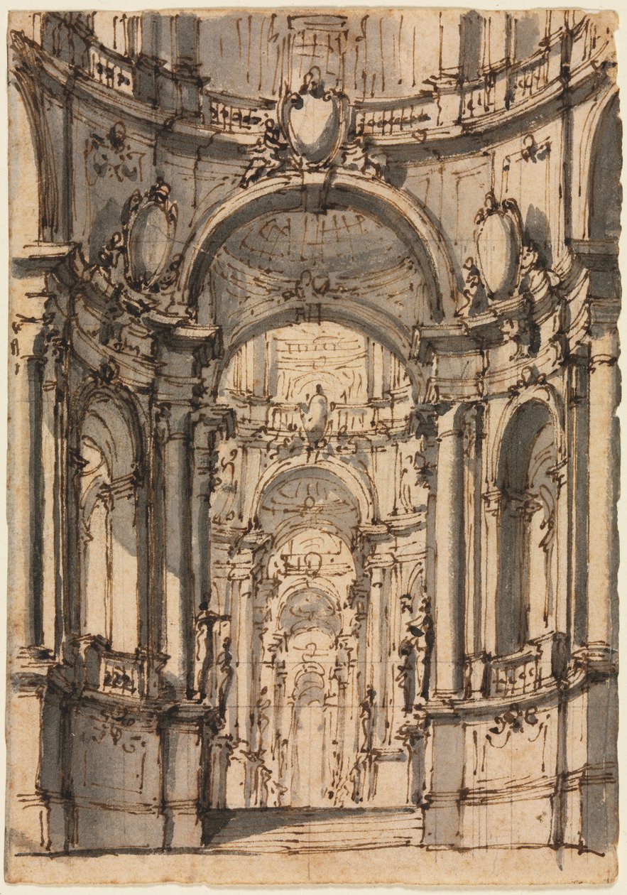Design til et scenesæt: Interiør af et palads med arkader, midten af 1700-tallet. af Giovanni Battista III Natali