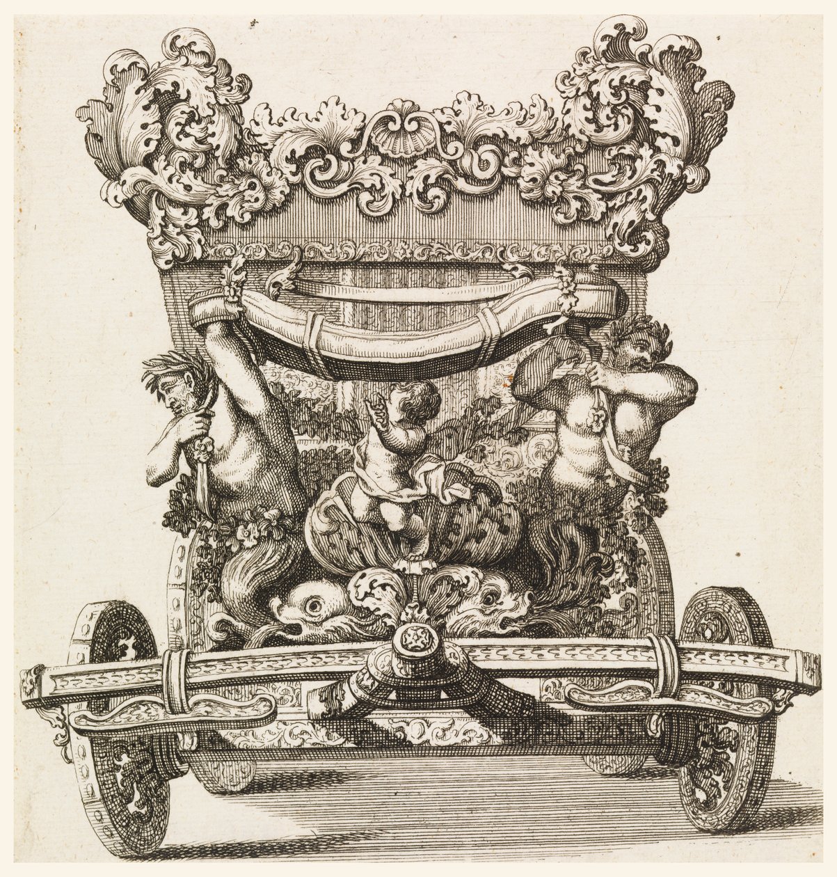 Set forfra af den første vogn (1686 af Lord Castlemaine af Andrea Cornelly efter Ciro Ferri, 1687-1700 af Giovanni Battista Lenardi