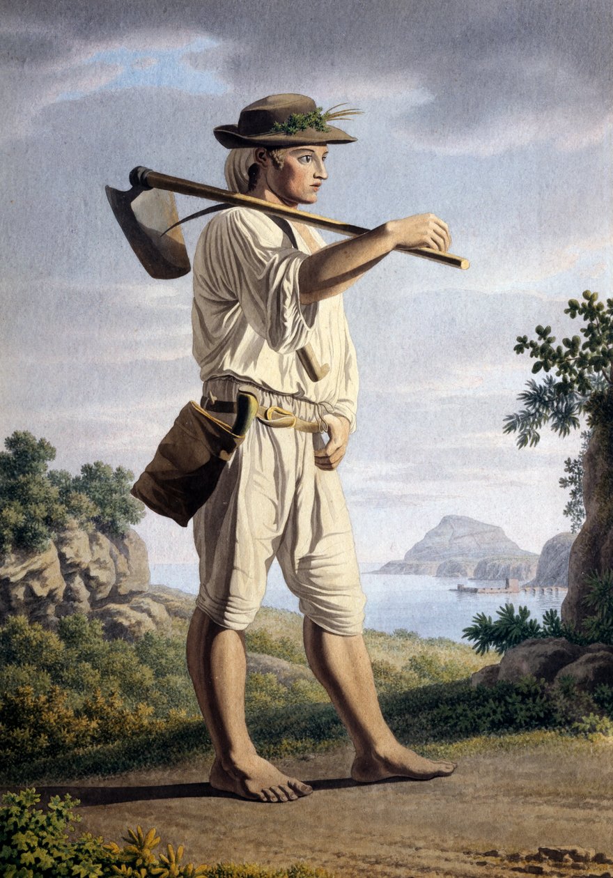 Bonde i baggrunden af Campi Flegrei, af Giovan Battista Lusieri (ca 1755-1821), akvarel på papir, 32x23 cm, Italien af Giovanni Battista Lusieri