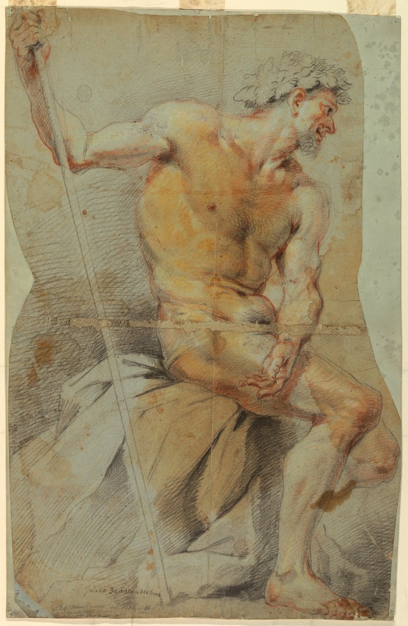 Tegning, studie af en nøgen ældre mand, Bacchus eller en af hans ledsagere, 1660-70 af Giovanni Battista Merano