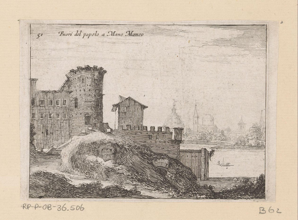 Byggearbejder i Rom, nær Porta del Popolo Ud af folket en Mano Manco (titel på objekt) Gezichten op Rom (serietitel) Nogle udsigter og perspektiver af ubeboede steder i Rom (serietitel) af Giovanni Battista Mercati