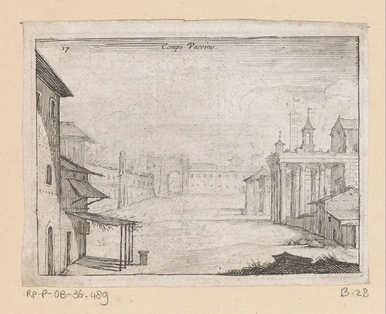 Udsigt over Forum Romanum i Rom Campo Vaccino (titel på objekt) Udsigt over Rom (serietitel) Alcune vedute et prospettive di luoghi dishabitati di Roma (serietitel) af Giovanni Battista Mercati