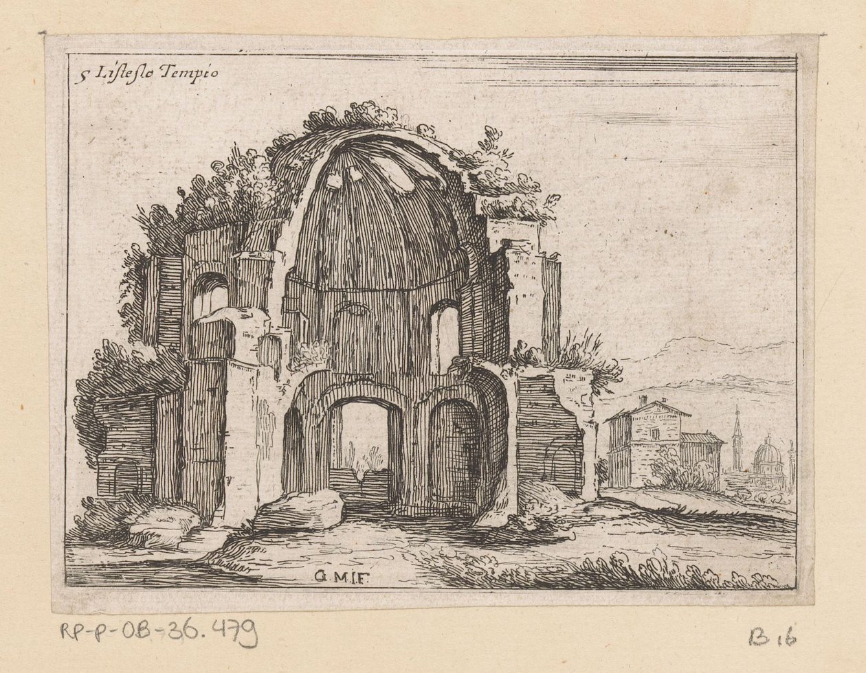 Rester af Temple of Minerva Medica i et landskab Listesso Tempio (titel på objekt) Udsigt over Rom (serietitel) Alcune vedute et prospettive di luoghi dishabitati di Roma (serietitel) af Giovanni Battista Mercati