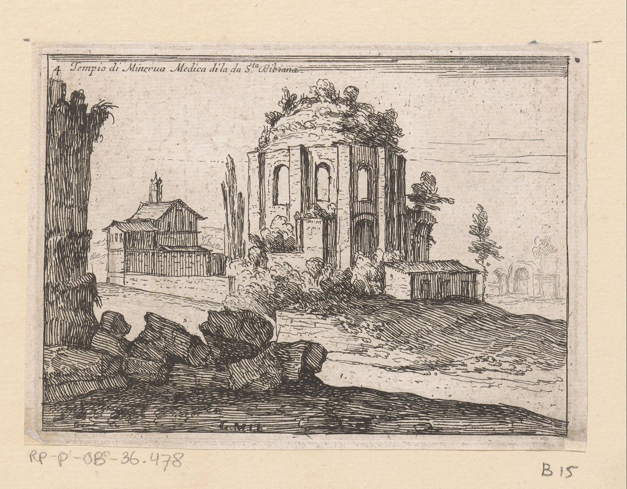 Resten van de Tempel van Minerva Medica i et landskab Temple of Minerva Medica di la da S.ta Bibiana (titel på objekt) Gezichten op Rom (serietitel) Nogle udsigter og perspektiver af ubeboede steder i Rom (serietitel) af Giovanni Battista Mercati