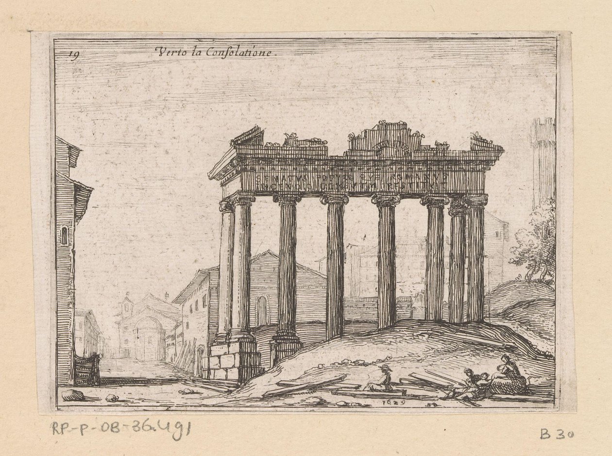 Rester af Saturntemplet i Forum Romanum i Rom Verto la Consolatione (titel på objekt) Udsigt over Rom (serietitel) Alcune vedute et prospettive di luoghi dishabitati di Roma (serietitel) af Giovanni Battista Mercati