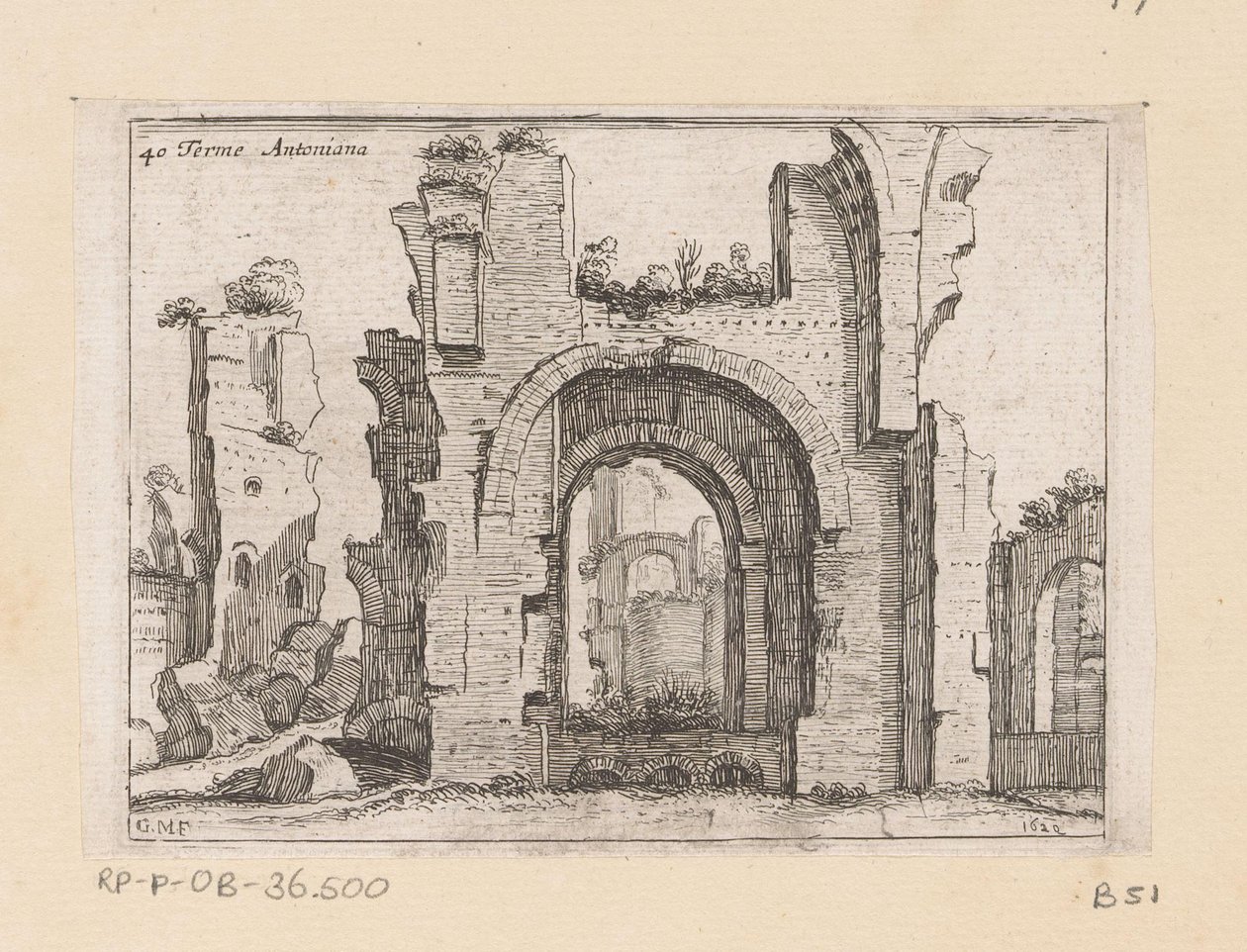 Resten van de Thermen van Caracalla te Rom Terme Antoniana (titel på objekt) Gezichten op Rom (serietitel) Nogle udsigter og perspektiver af ubeboede steder i Rom (serietitel) af Giovanni Battista Mercati