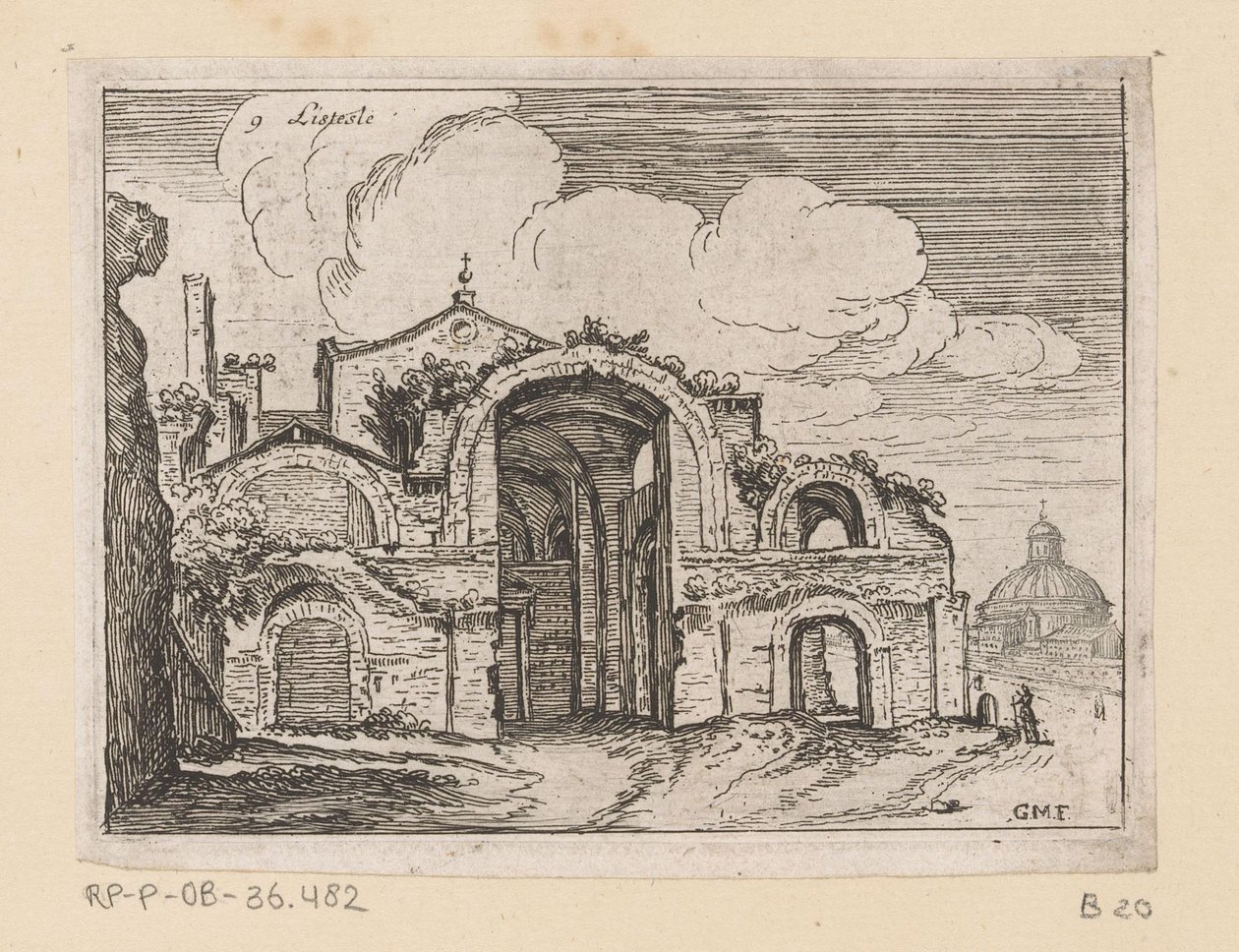 Rester af Diocletians bade i Rom Listesse (titel på objekt) Udsigt over Rom (serietitel) Alcune vedute et prospettive di luoghi dishabitati di Roma (serietitel) af Giovanni Battista Mercati