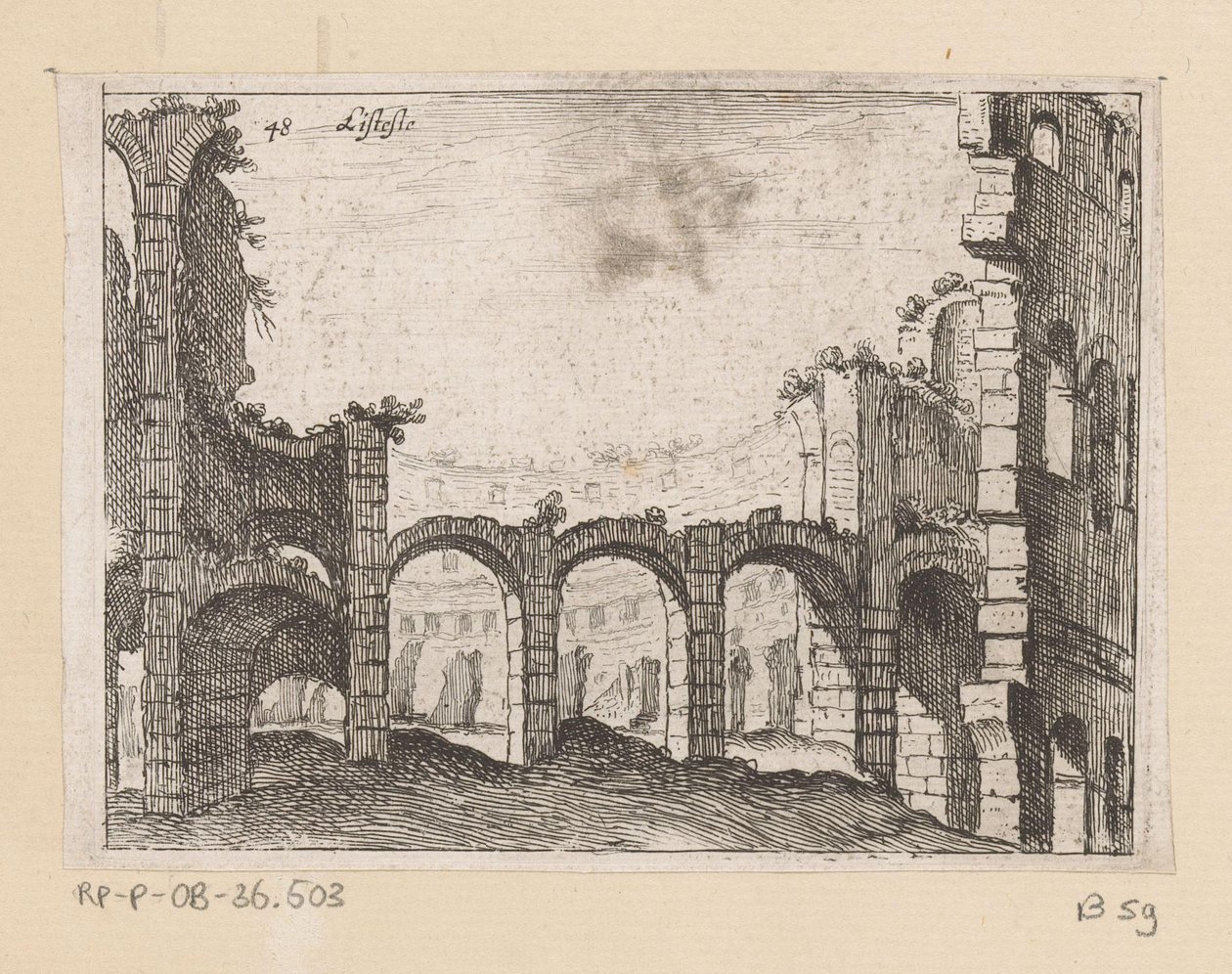 Rester af Colosseum i Rom Listesso (titel på objekt) Udsigt over Rom (serietitel) Alcune vedute et prospettive di luoghi dishabitati di Roma (serietitel) af Giovanni Battista Mercati