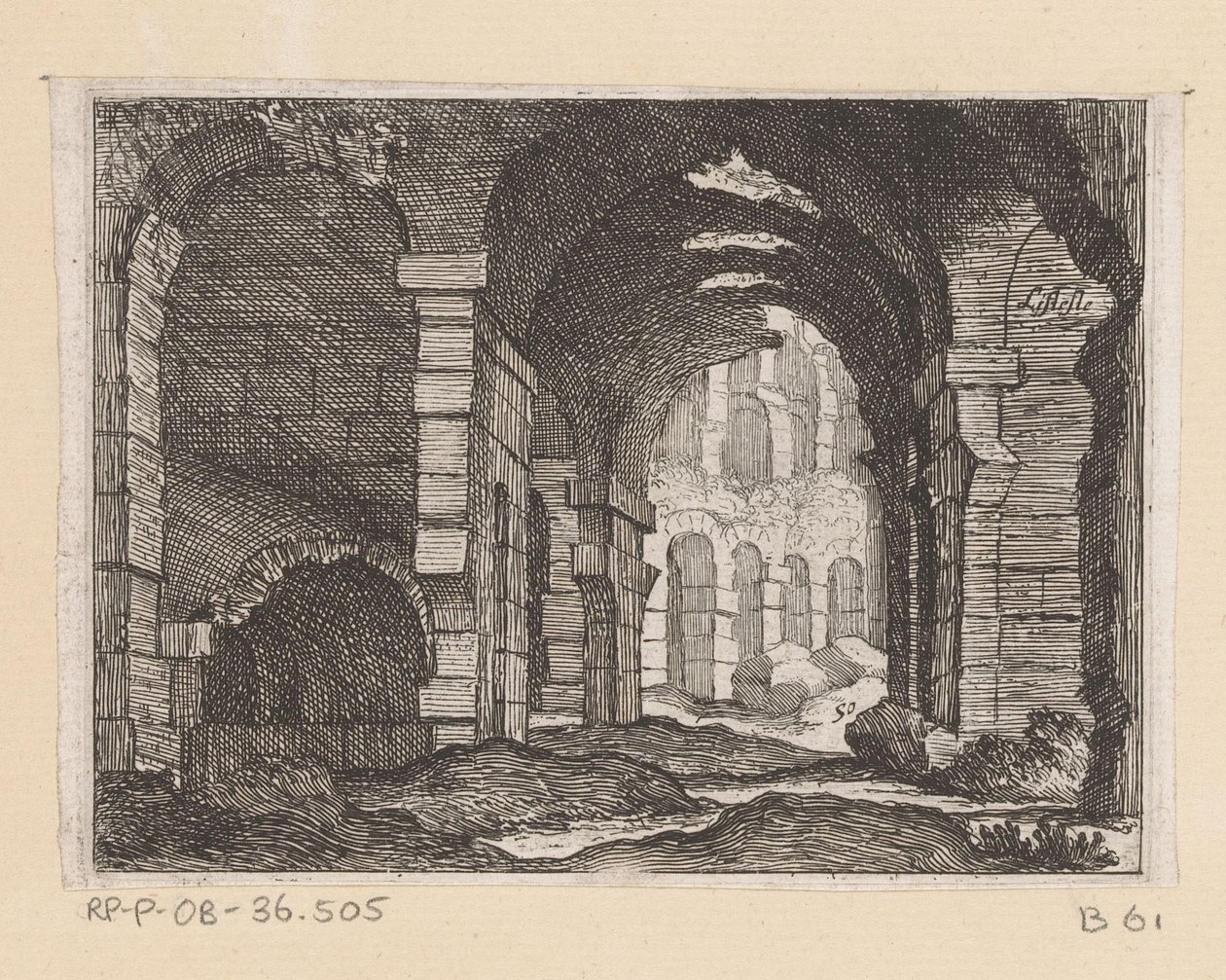 Rester af Colosseum i Rom Listesso (titel på objekt) Udsigt over Rom (serietitel) Alcune vedute et prospettive di luoghi dishabitati di Roma (serietitel) af Giovanni Battista Mercati