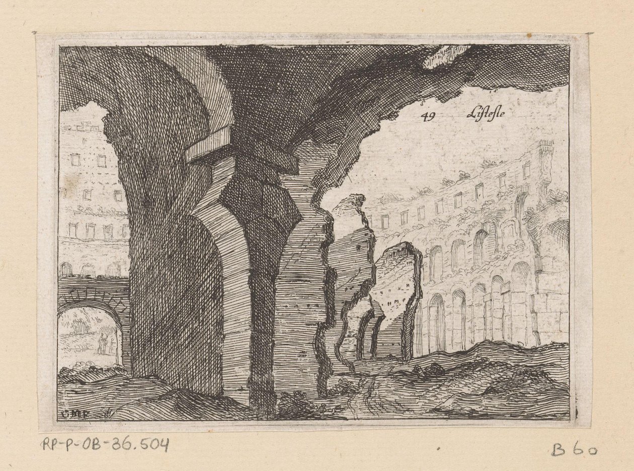 Rester af Colosseum i Rom Listesso (titel på objekt) Udsigt over Rom (serietitel) Alcune vedute et prospettive di luoghi dishabitati di Roma (serietitel) af Giovanni Battista Mercati