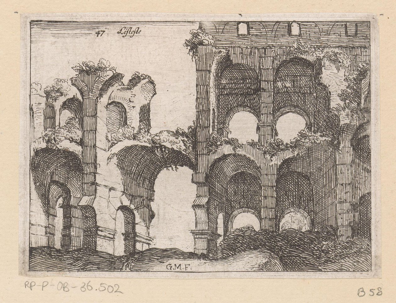 Rester af Colosseum i Rom Listesso (titel på objekt) Udsigt over Rom (serietitel) Alcune vedute et prospettive di luoghi dishabitati di Roma (serietitel) af Giovanni Battista Mercati