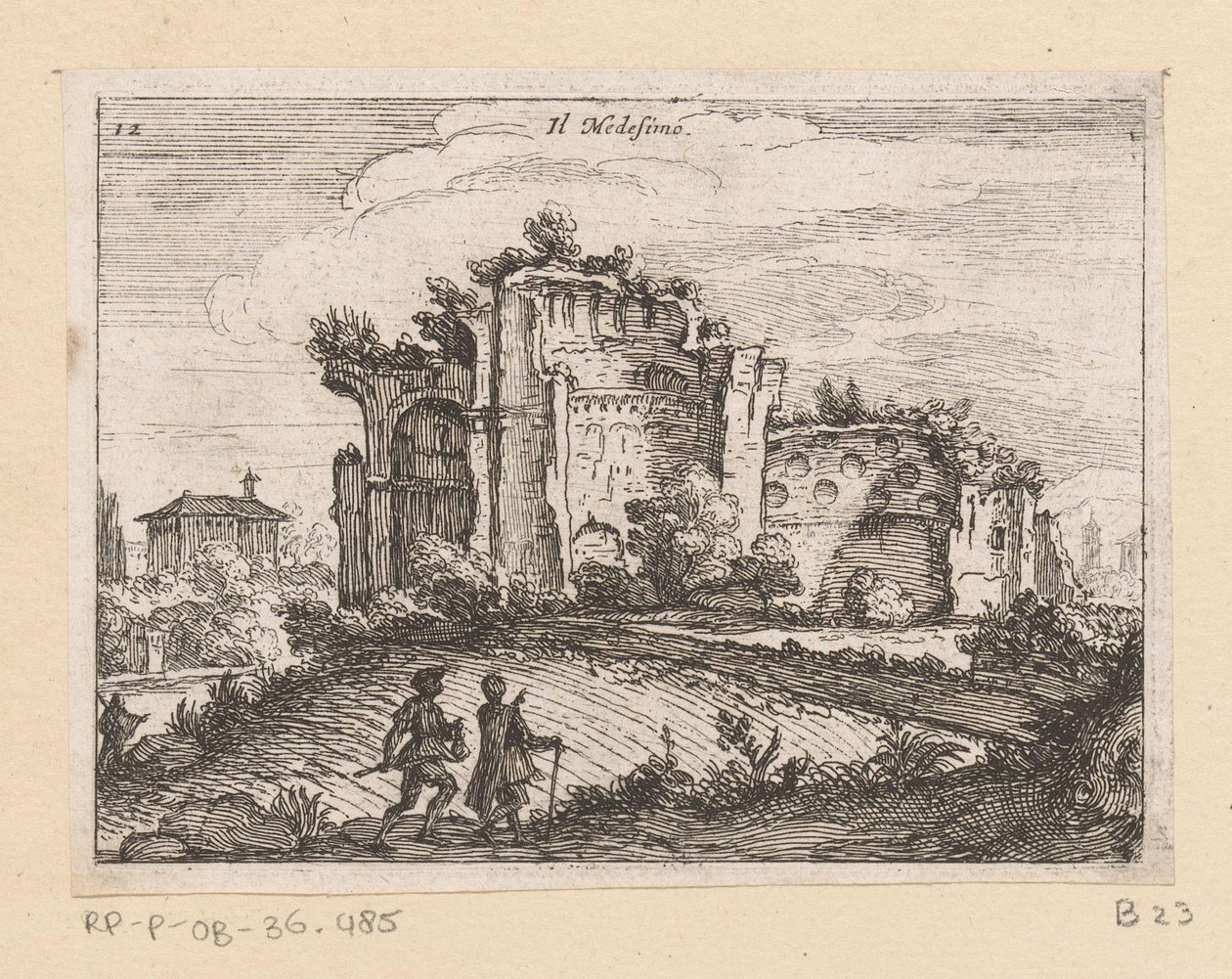 Ruin i et landskab Il Medesino (titel på objekt) Udsigt over Rom (serietitel) Alcune vedute et prospettive di luoghi dishabitati di Roma (serietitel) af Giovanni Battista Mercati