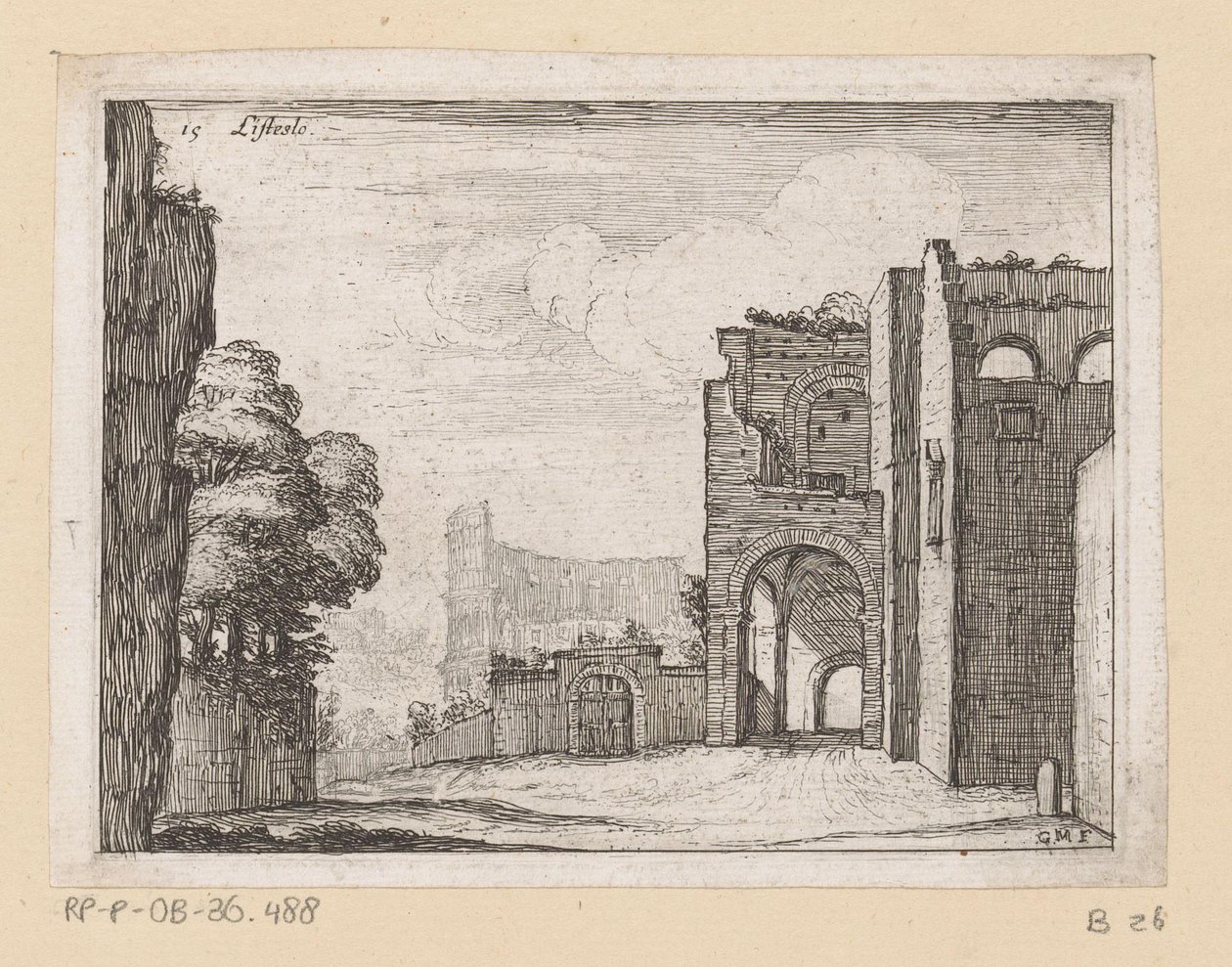 Ruiner ved Colosseum i Rom Listesso (titel på objekt) Udsigt over Rom (serietitel) Alcune vedute et prospettive di luoghi dishabitati di Roma (serietitel) af Giovanni Battista Mercati