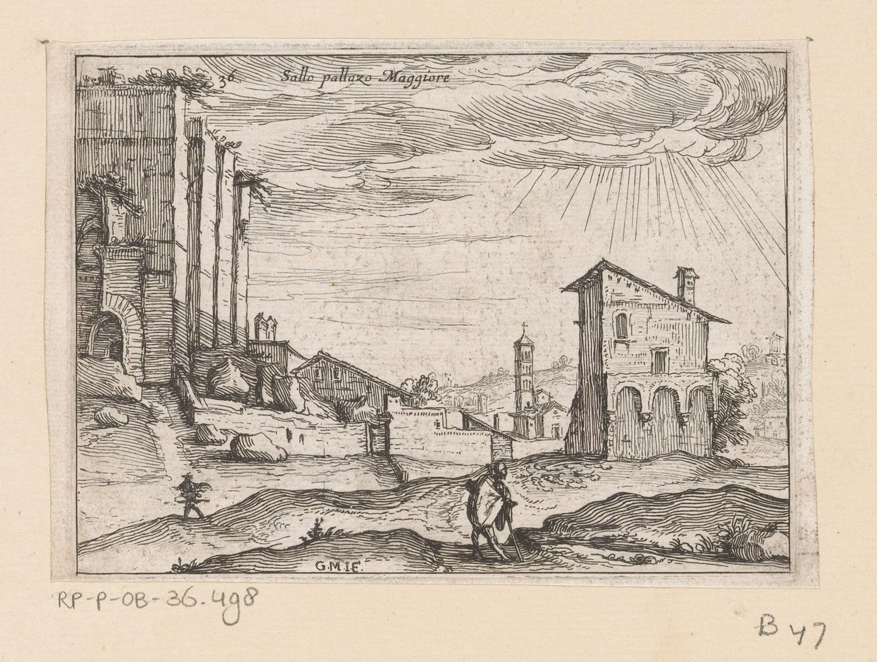 Ruinerne af Palazzo Maggiore i Rom og bygninger i nærheden Sallo pallazo Maggiore (titel på objekt) Udsigt over Rom (serietitel) Alcune vedute et prospettive di luoghi dishabitati di Roma (serietitel) af Giovanni Battista Mercati