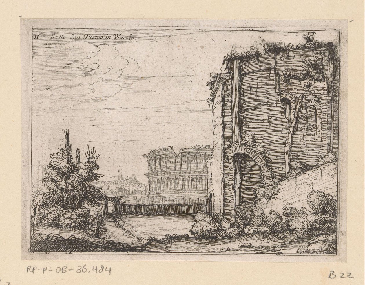 Ruinerne af den antikke bygning og Colosseum i Rom Sotto San Pietro in Vincolo (titel på objekt) Udsigt over Rom (serietitel) Alcune vedute et prospettive di luoghi dishabitati di Roma (serietitel) af Giovanni Battista Mercati
