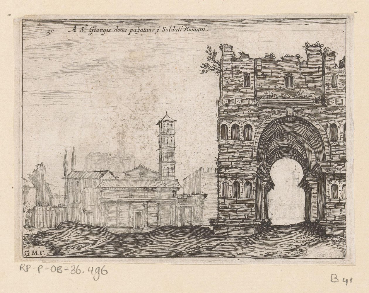 San Giorgio i Velabro en de Boog van Janus te Rom A S.t Giorgio doux paganano j romerske soldater (titel på objekt) Gezichten op Rom (serietitel) Nogle udsigter og perspektiver af ubeboede steder i Rom (serietitel) af Giovanni Battista Mercati