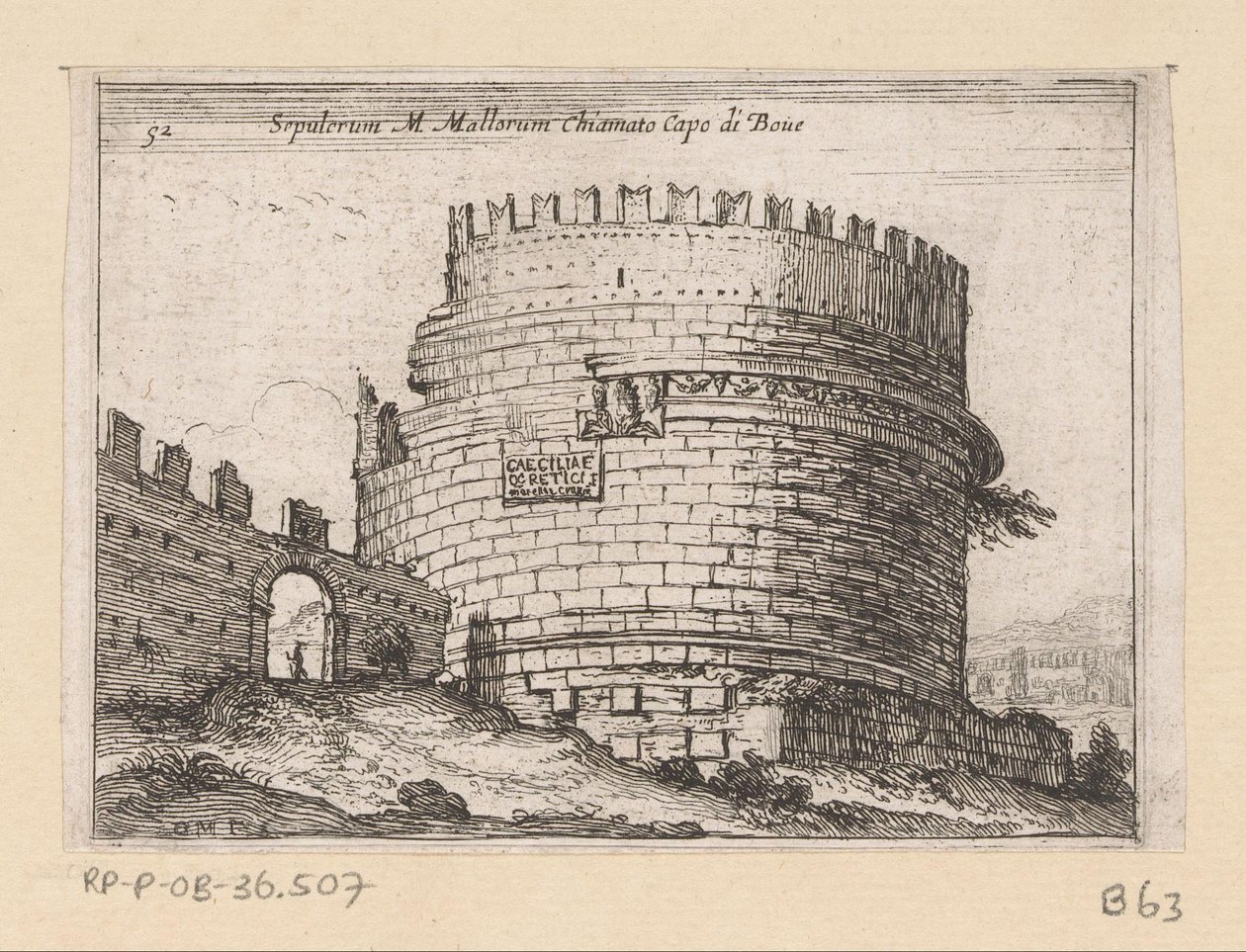 Tombe van Caecilia Metella te Rom Sepulcrum M. Mallorum kaldet Cape of Boue (titel på objektet) Gezichten op Rom (serietitel) Nogle udsigter og perspektiver af ubeboede steder i Rom (serietitel) af Giovanni Battista Mercati