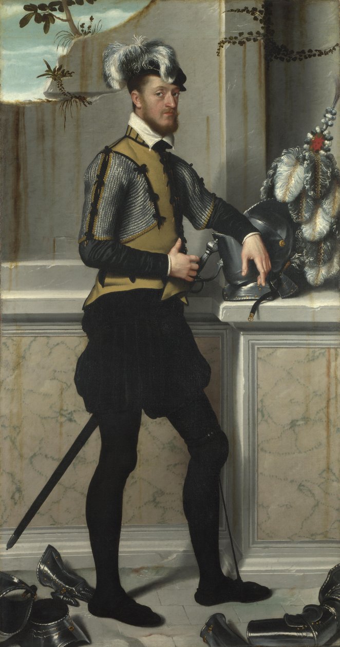En ridder med sin dysthjelm Ridderen med den sårede fod, grev Faustino Avogadro, ca 1554 af Giovanni Battista Moroni