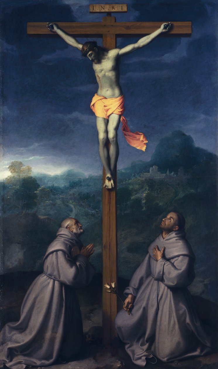 Korsfæstelse med de hellige Bernardino og Antonius af Padua, af Giovanni Battista Moroni (1525 ca-1578), olie på lærred, 226x133 cm, San Giuliano kirke, Albino af Giovanni Battista Moroni