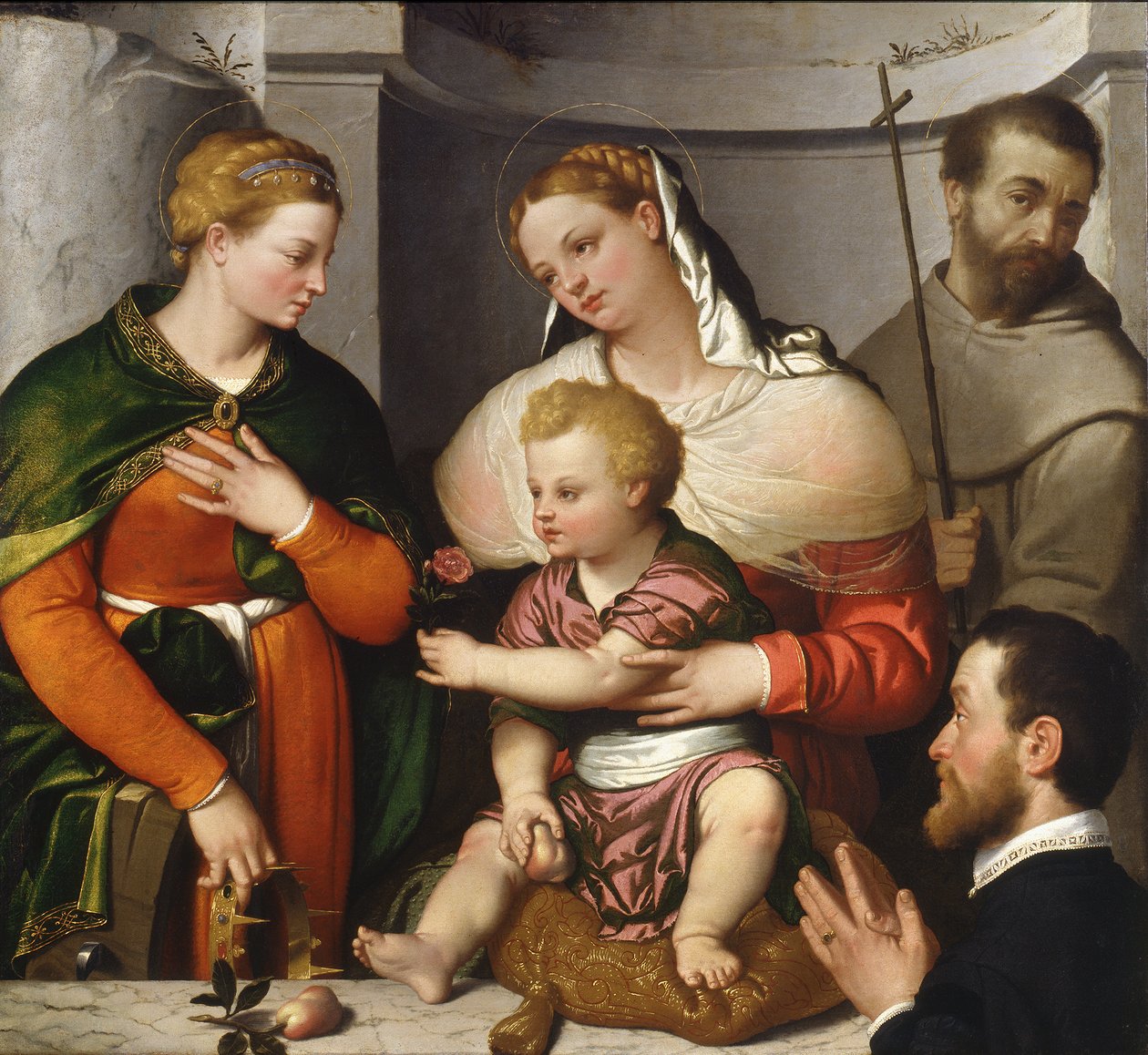 Madonna og barn med St. Catherine, St. Francis and the Donor, ca. 1550 (olie på lærred) af Giovanni Battista Moroni