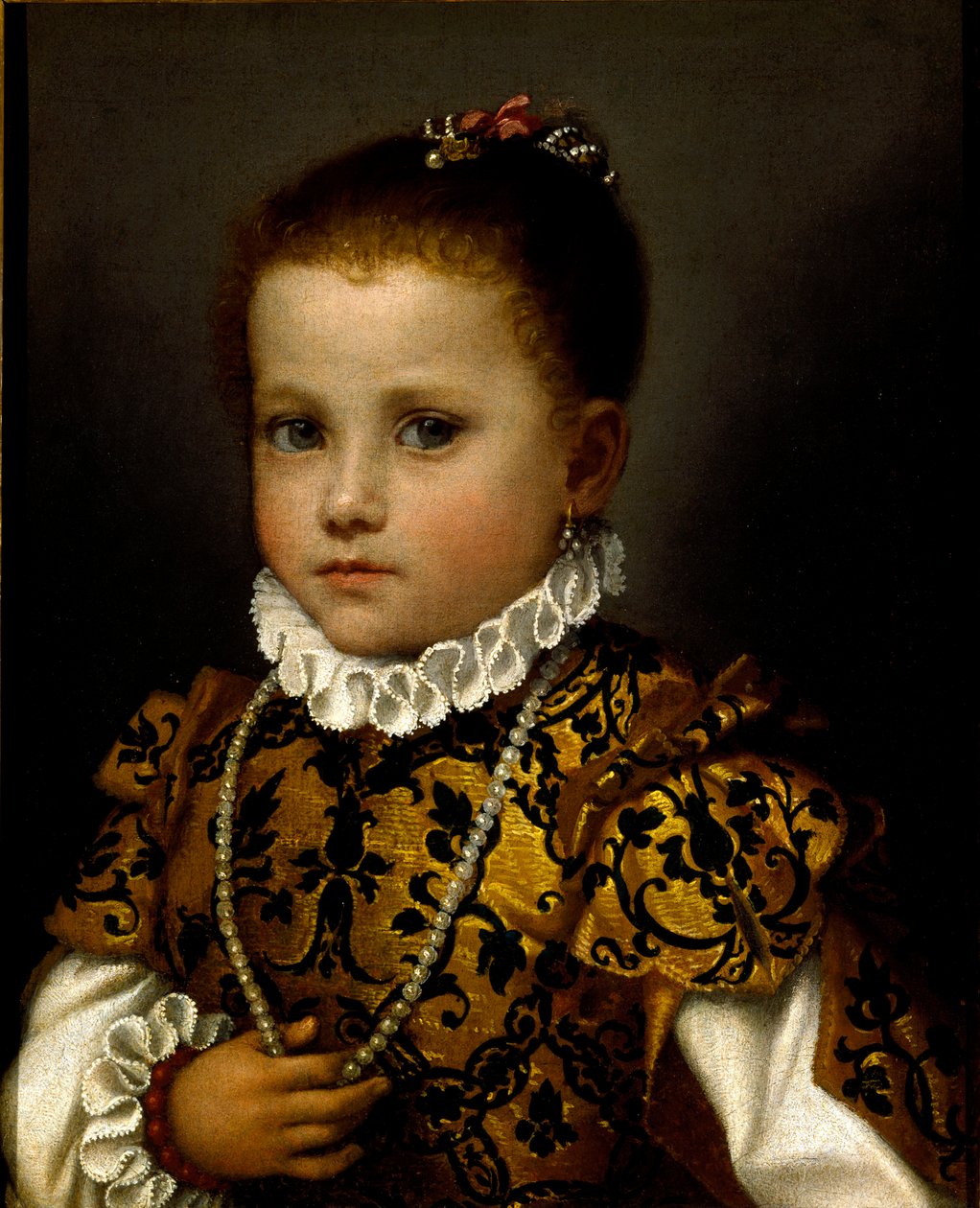 Portræt af en lille pige En lille pige, der er rigt klædt i en brokadekjole, hun bærer en perlekæde og en jordbærkrave. Maleri af Giovan Battista Moroni (cirka 1529-1578) af Giovanni Battista Moroni
