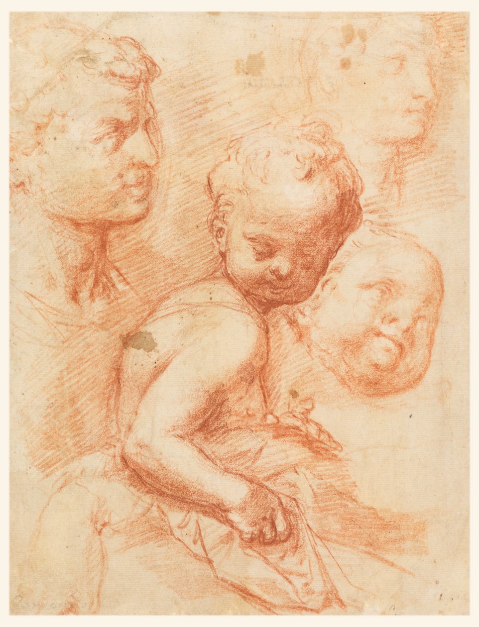 Tegning, Studie af mand-, kvinde- og barnehoveder, siddende barn, ca. 1570 af Giovanni Battista Naldini