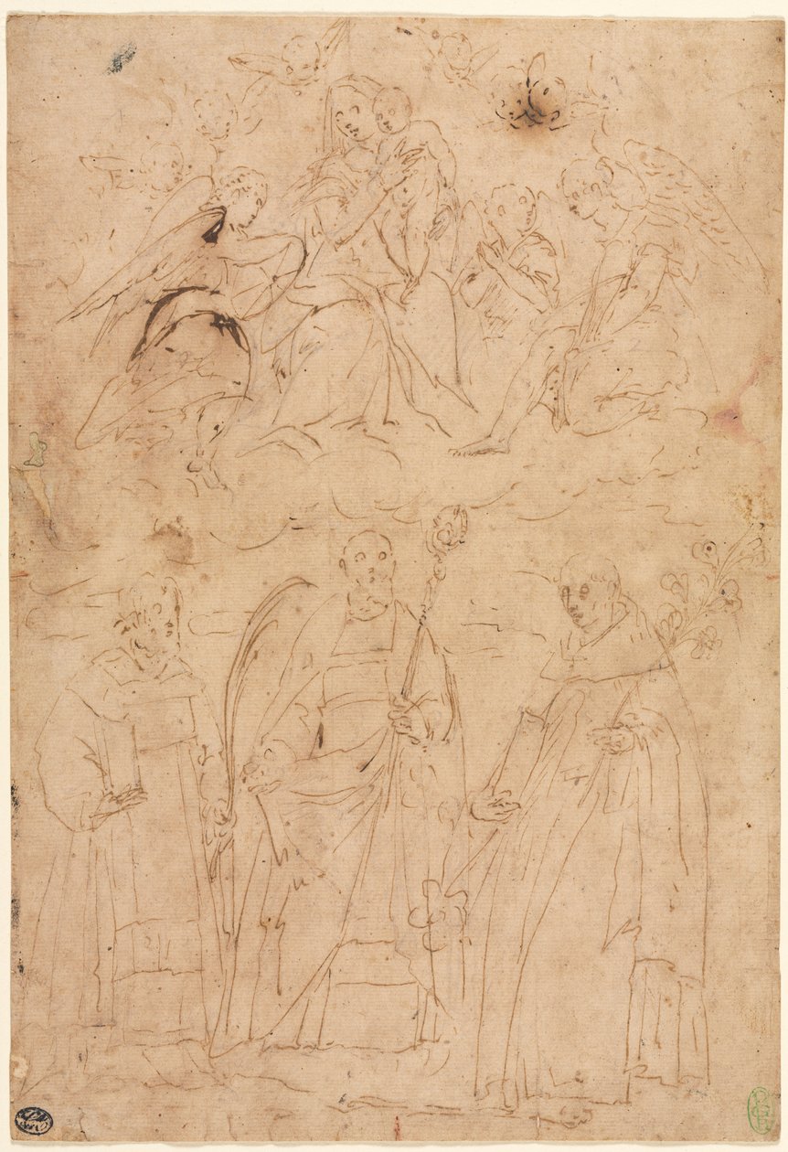 Madonna og barn i herlighed over tre hellige, ca. 1570. af Giovanni Battista Paggi