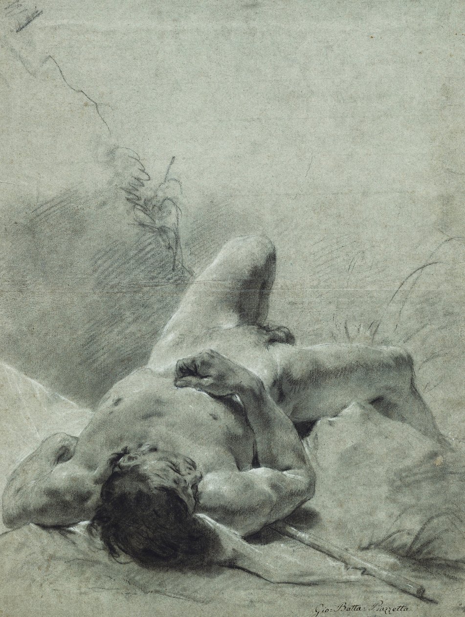 En nøgen ungdom spredt på ryggen, på en bred, liggende på en stander, af Giovanni Battista Piazzetta