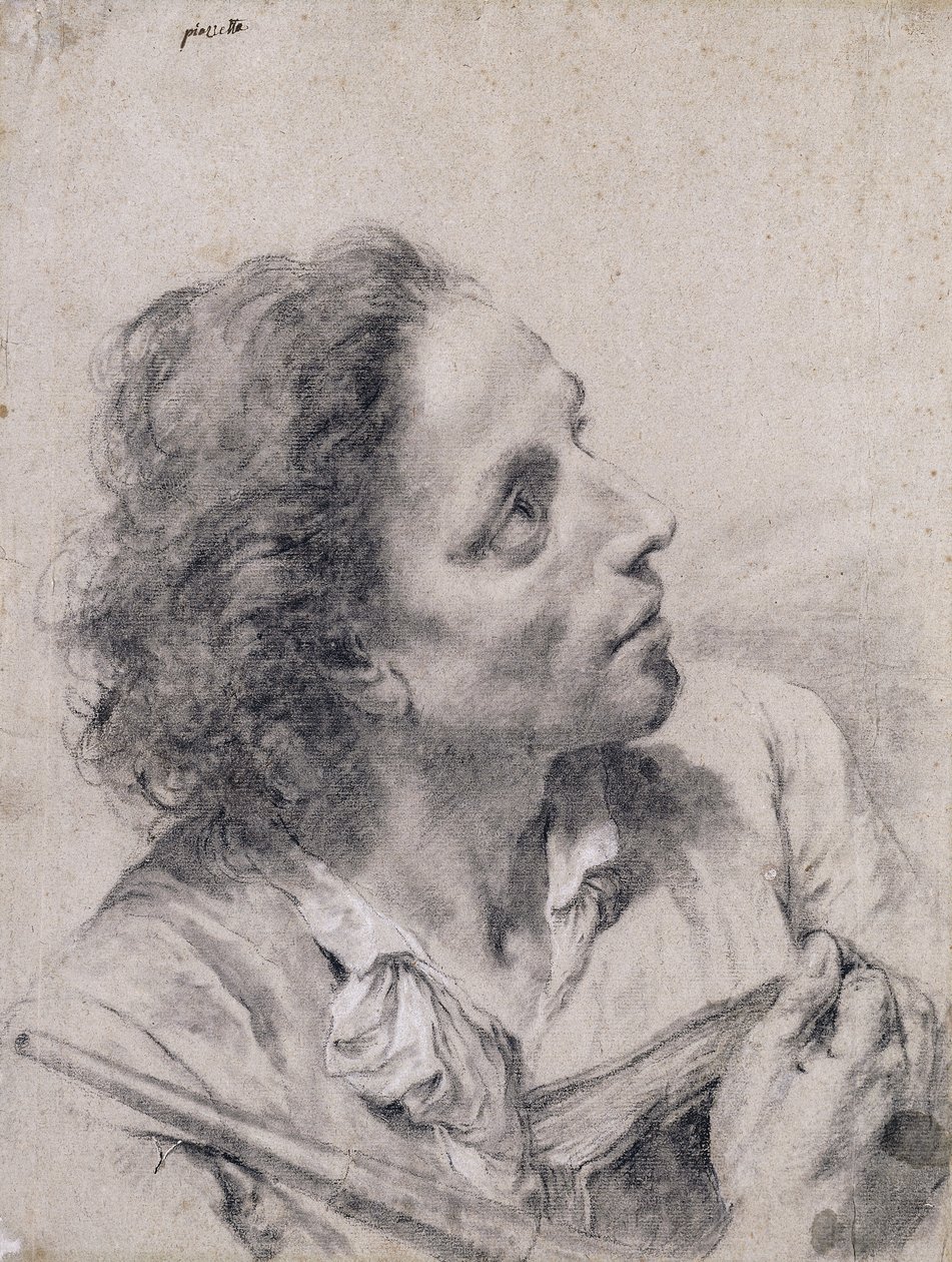 En astronom holder en bog og et teleskop og ser op til højre, af Giovanni Battista Piazzetta