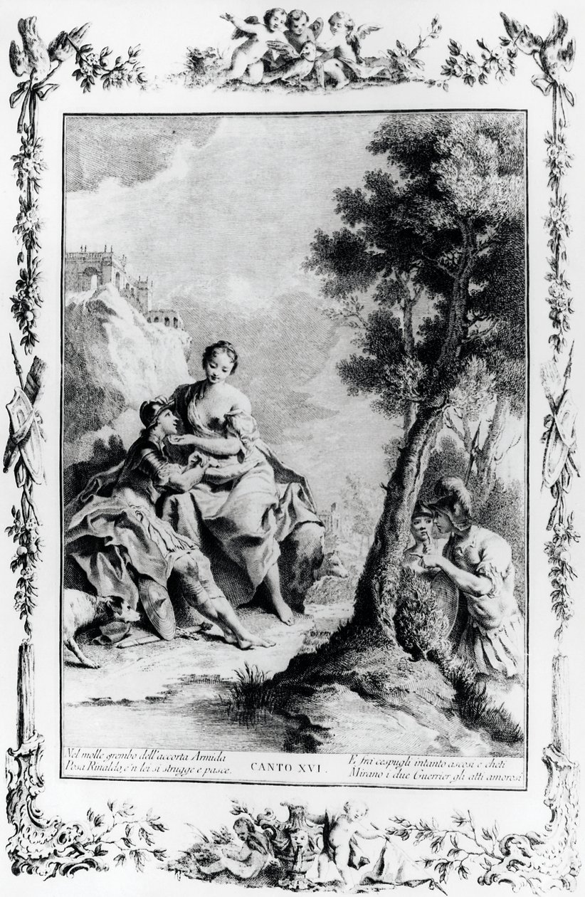 Armida og Rinaldo set af korsfarerne Carlo og Ubaldo, canto XVI, Jerusalem leveret af Giovanni Battista Piazzetta
