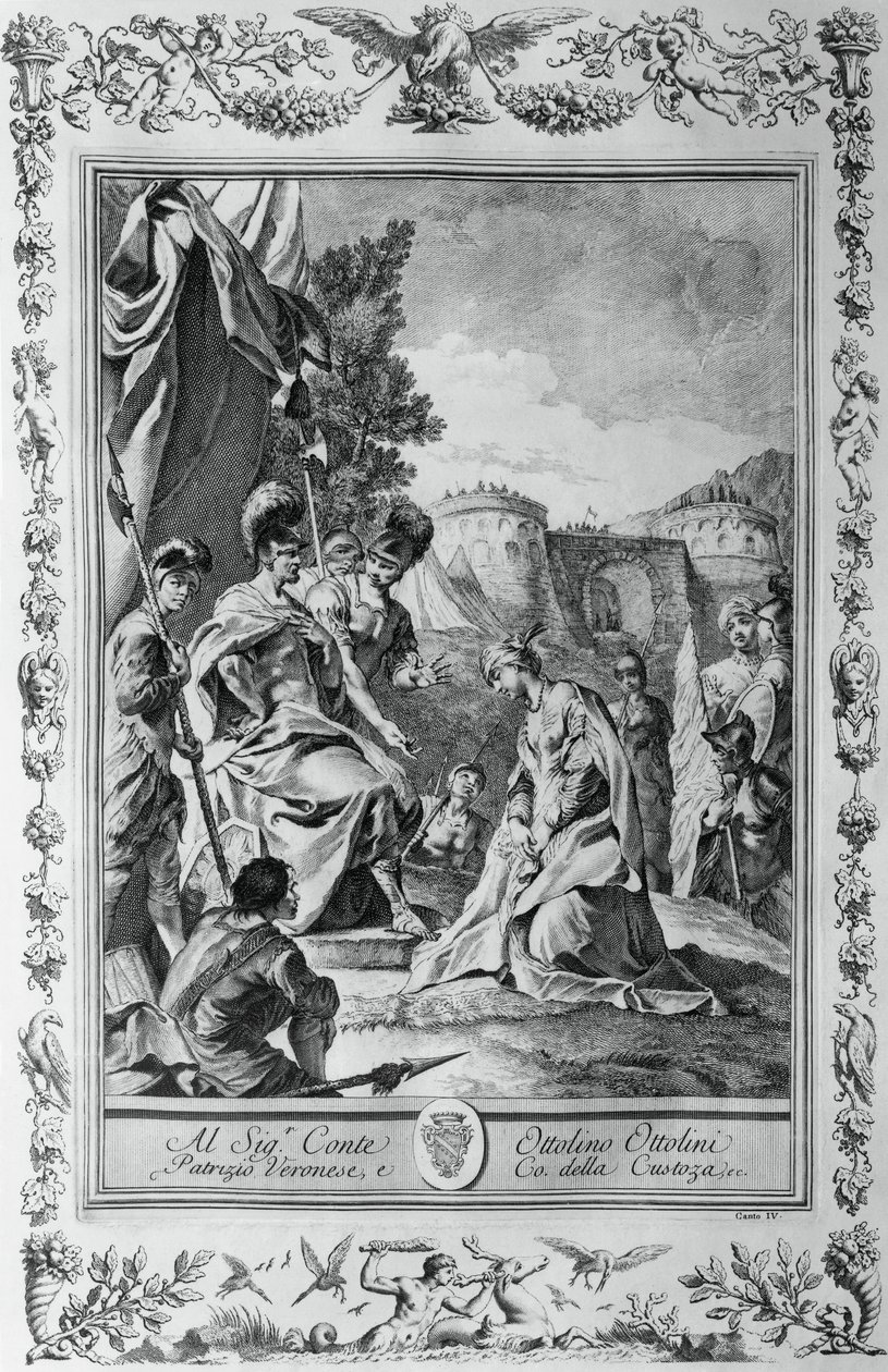 Armida foran Goffredo, gravering, af Giovanni Battista Piazzetta (1683-1754) for Canto III af Jerusalem leveret, af Torquato Tasso (1544-1595), udgivet af Giovanni Battista Albrizzi, Venedig, Italien af Giovanni Battista Piazzetta
