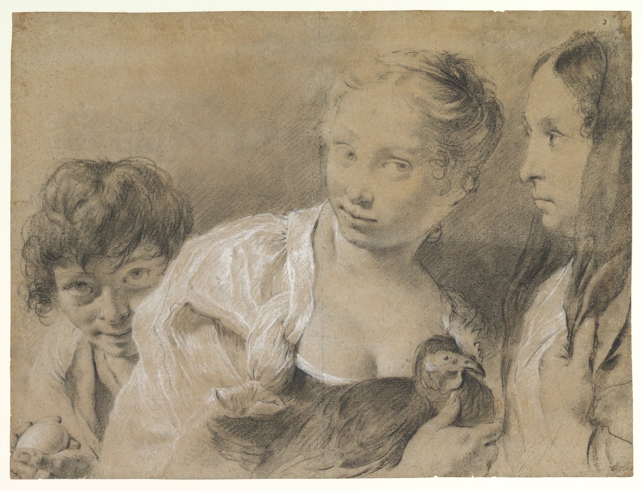 Dreng med et æg, pige med en høne og en iagttagende kvinde af Giovanni Battista Piazzetta