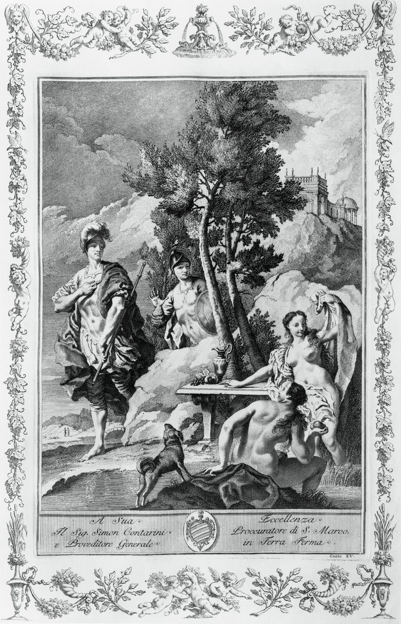 Carlo og Ubaldo i Happy Islands, gravering, af Giovanni Battista Piazzetta (1683-1754) for Canto XV af Jerusalem leveret, af Torquato Tasso (1544-1595), Giovanni Battista Albrizzi udgave, Venedig, Italien af Giovanni Battista Piazzetta